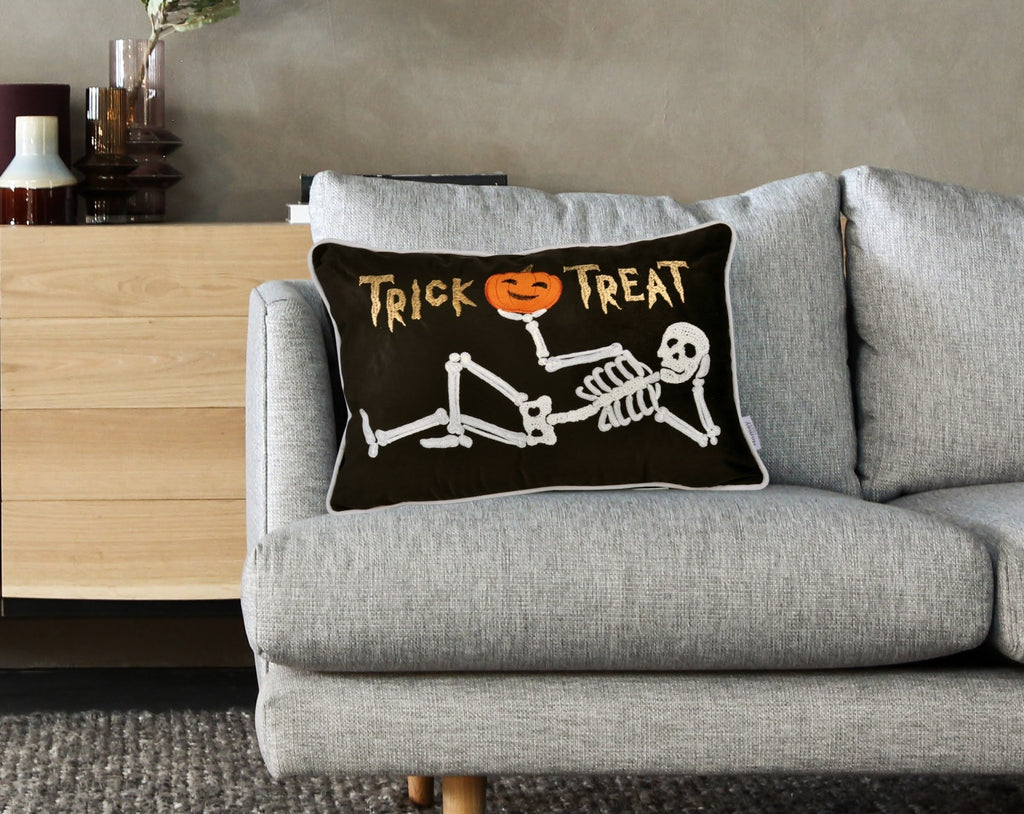 Embroidered Velvet Halloween Skeleton Lumbar Pillow