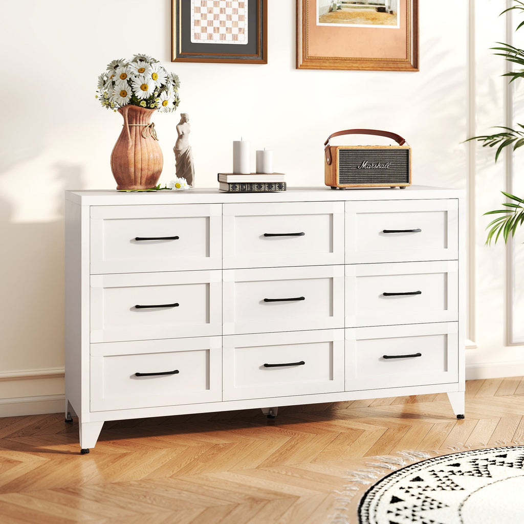 9 Drawer White Metal Dresser with Quiet-Glide Rails