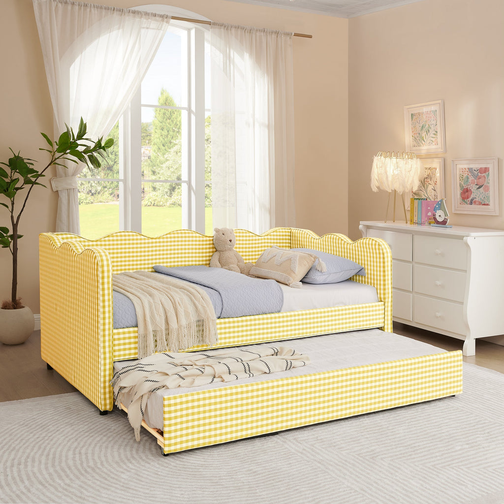 Cozy Gingham Daybed with Trundle Twin Size Sofa Bed