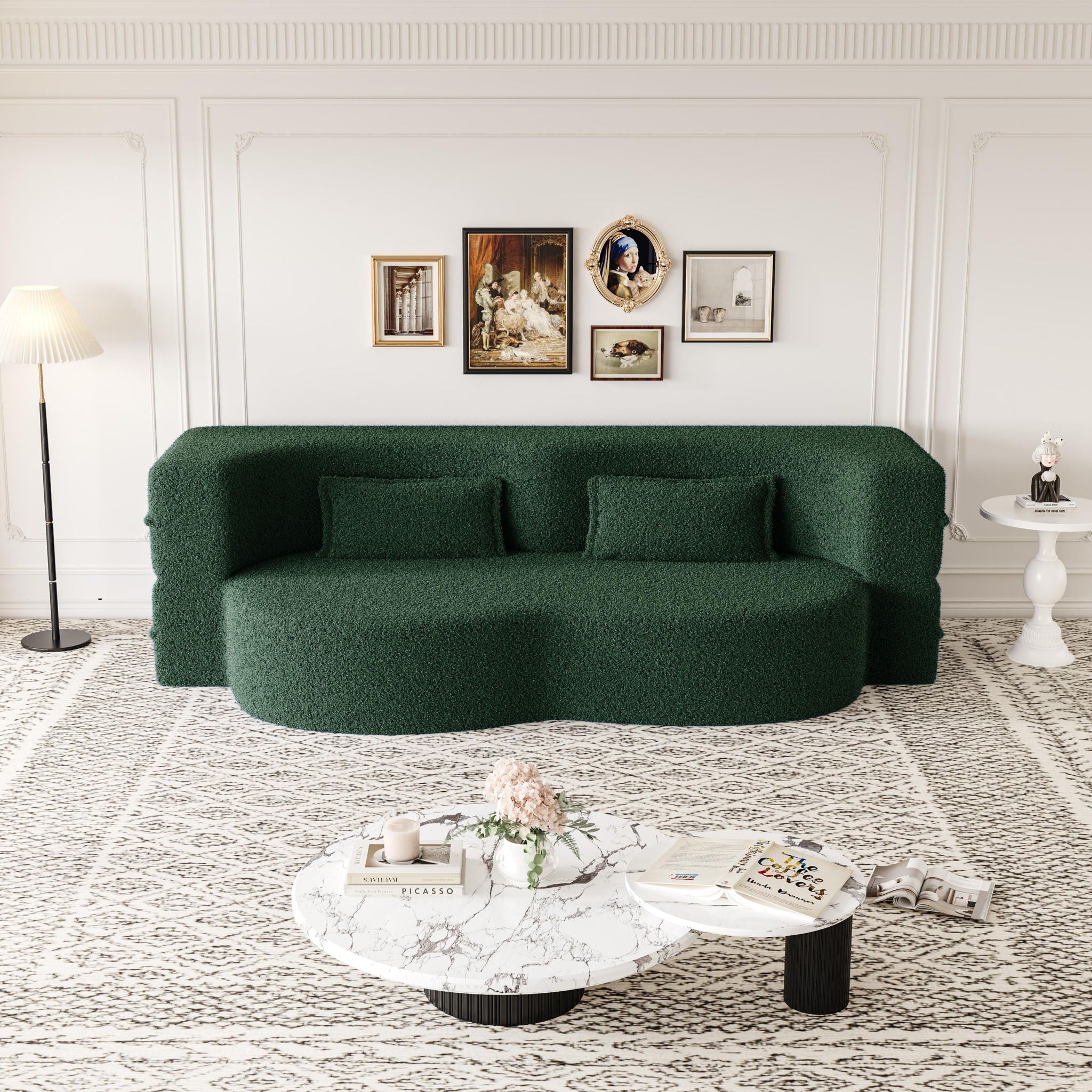 Modern Floor Sofa With Two Pillows Convertible Teddy Fabric Foam Filled Bed