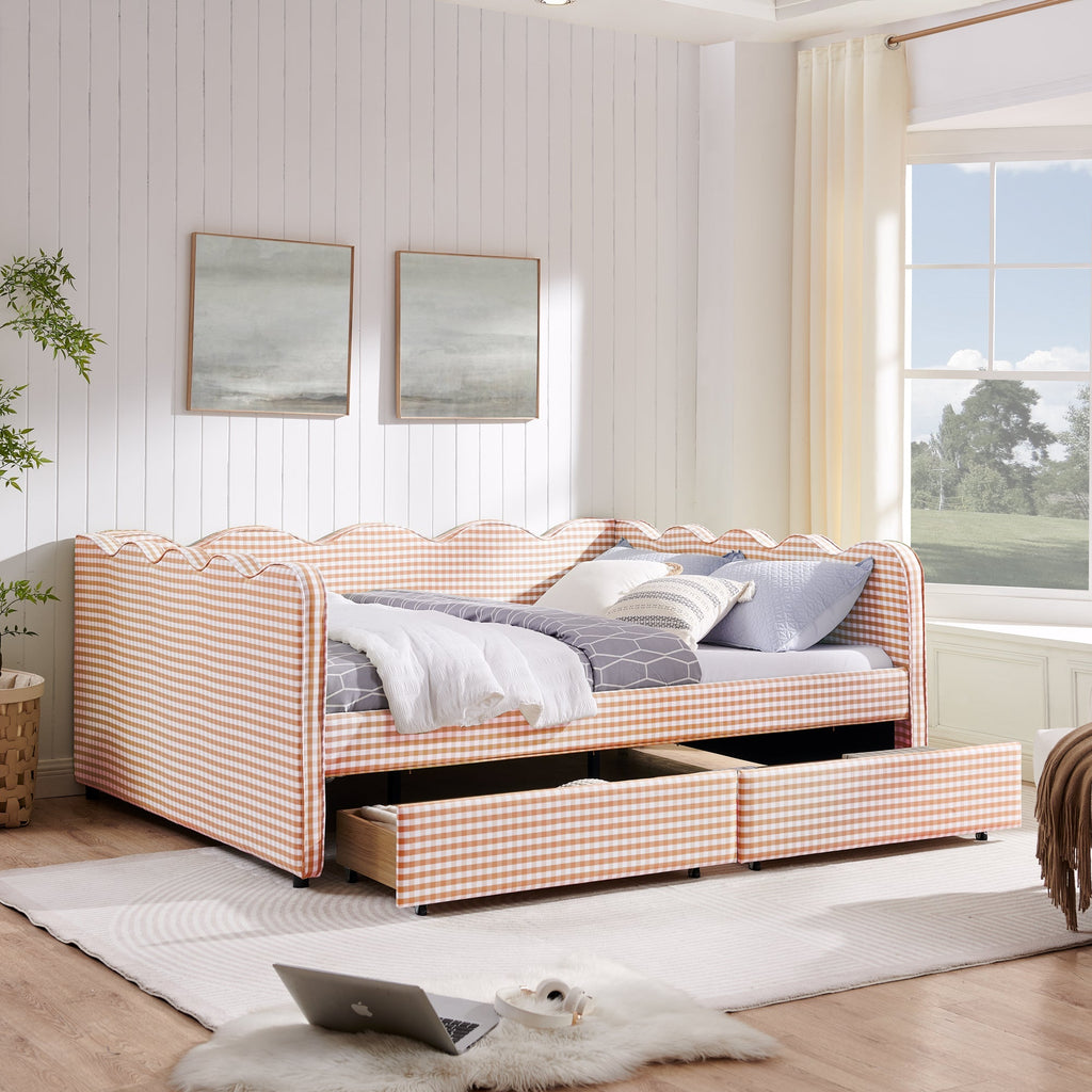 Queen Size Cozy Gingham Daybed with Two Storage Drawers and USB Port