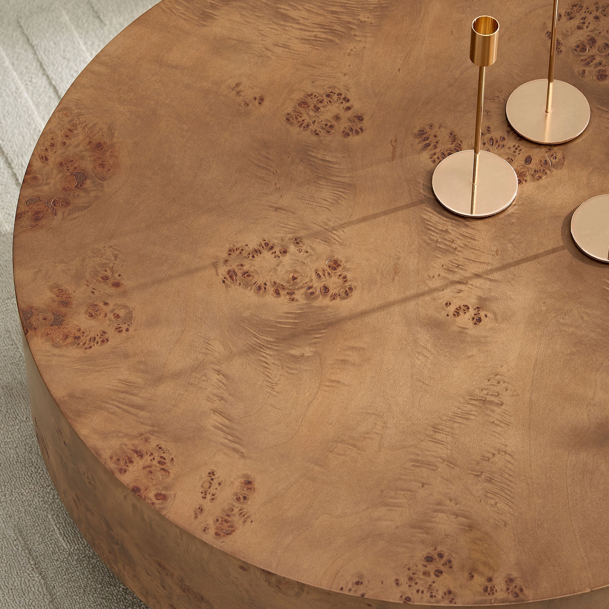 31.49" Burl Wood Veneer Round Coffee Table