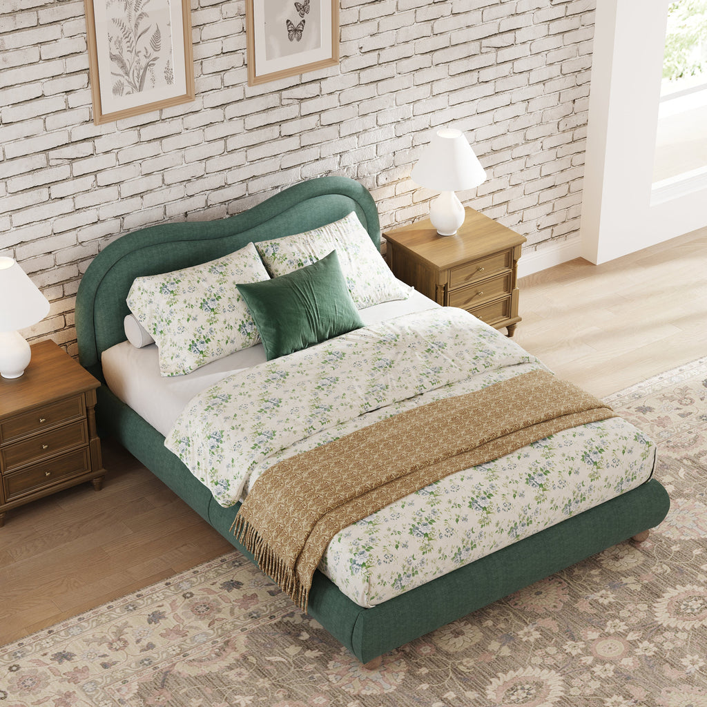 Queen Size Upholstered Platform Bed Frame with Rounded Corners Curved Headboard