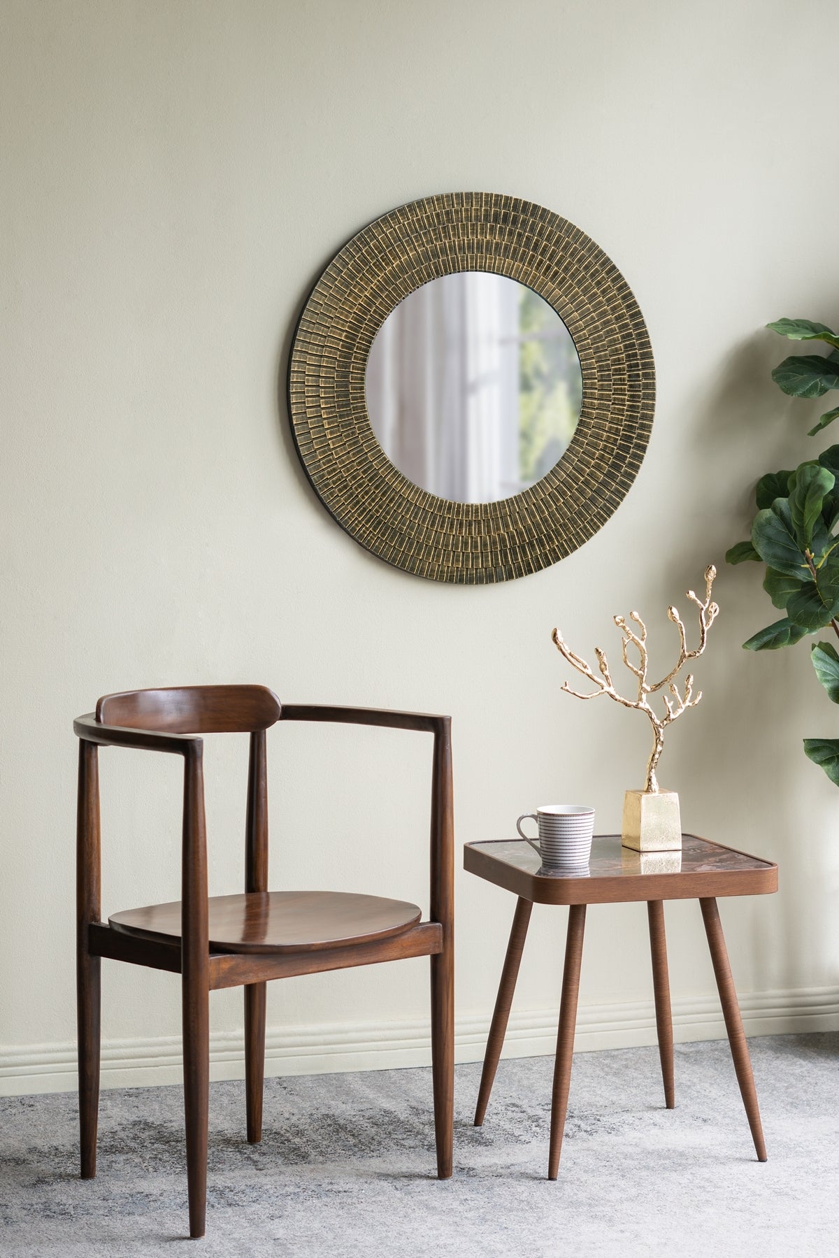 29.5" Round Gold and Black Wooden Accent Mirror with Woven Texture