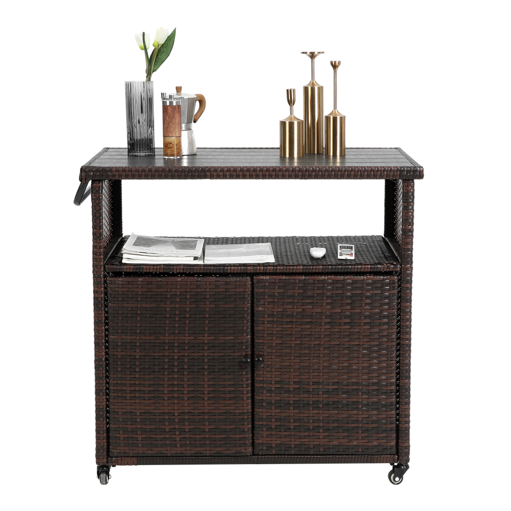 Outdoor Wicker Bar Cart with Glass Top and Wheels - Light Brown