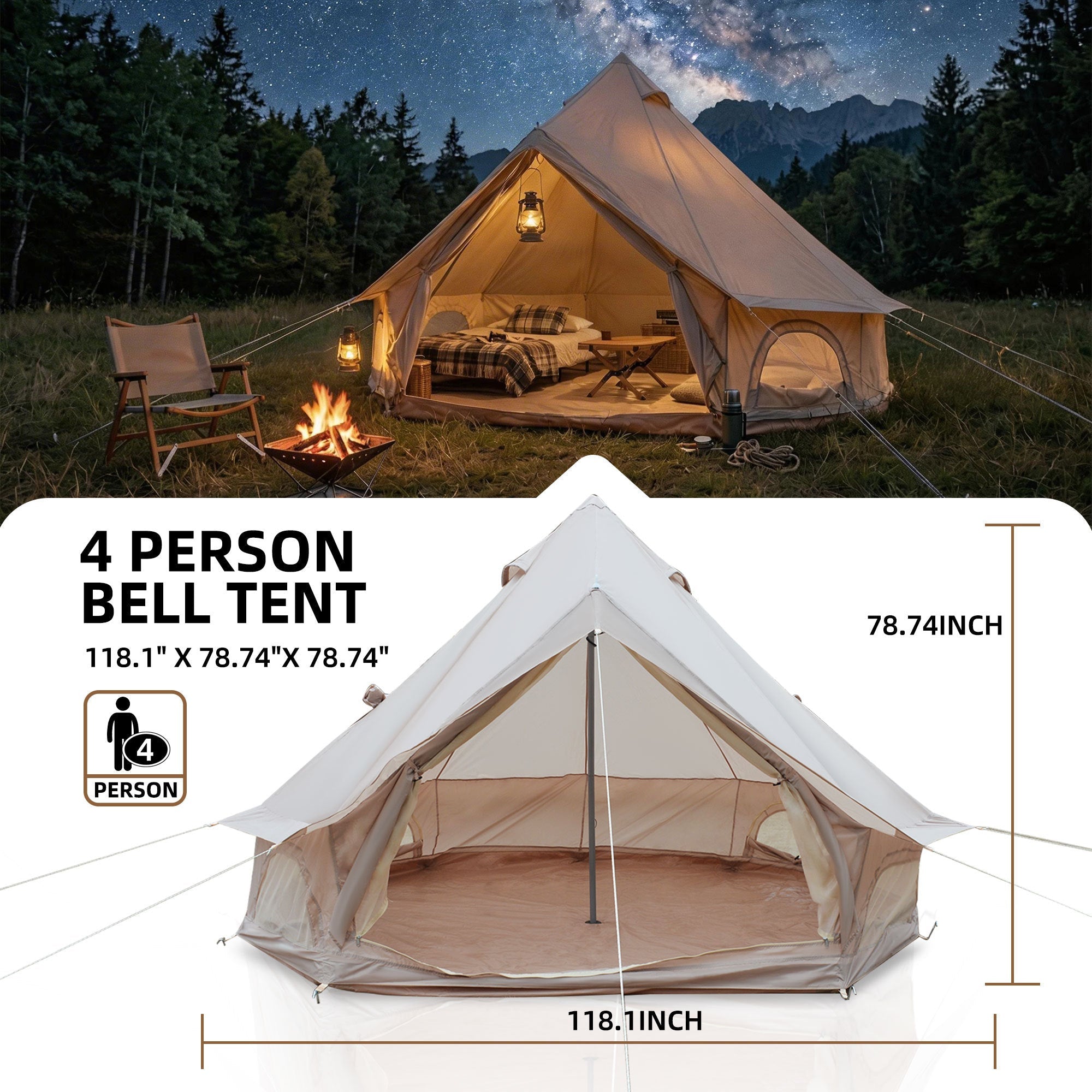 4 Season Bell Tent 9.8 FT Beige Waterproof Glamping Yurt Tent