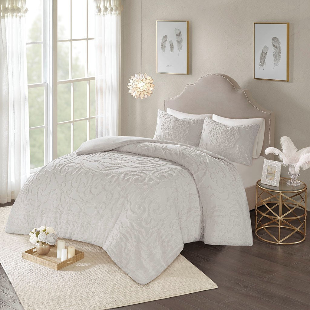 King/Cal King Tufted Cotton Chenille Medallion Duvet Cover Set