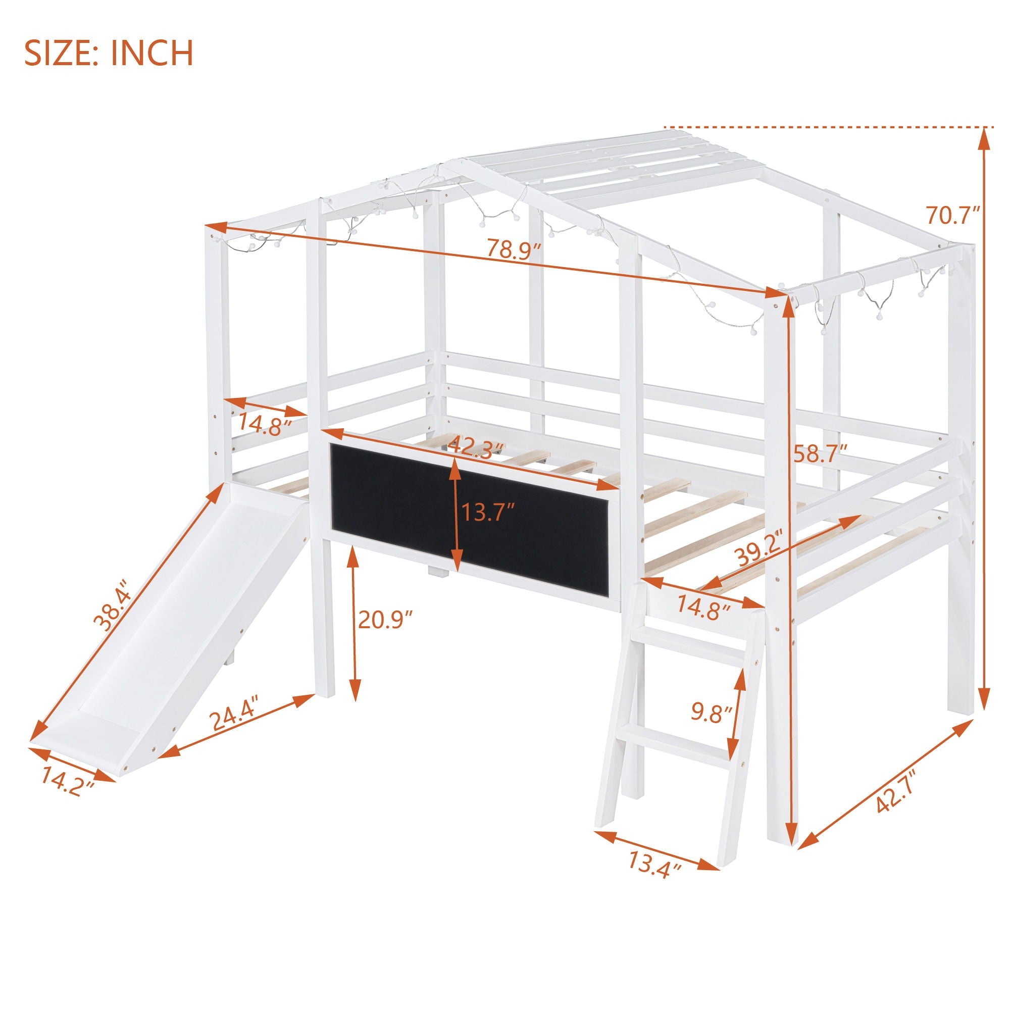 Loft House Bed With Ladder And Slide, With board And Light Strip On The Roof