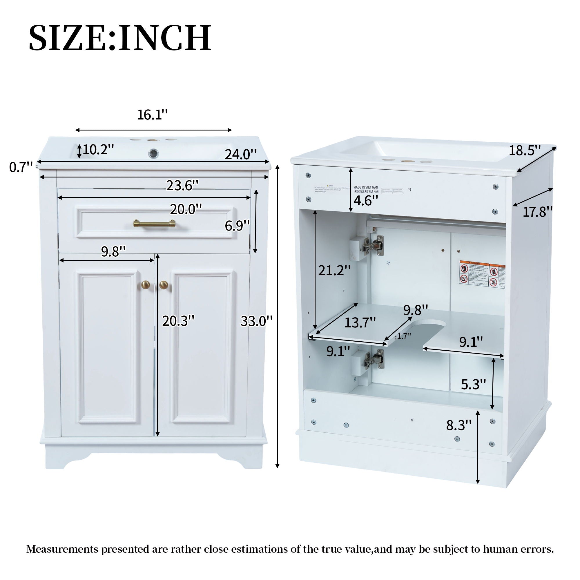 Bathroom Vanity With Integrated Sink, 2 Door Cabinet With Tip Out Drawer