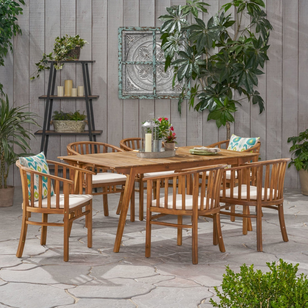 Outdoor 6 Seater Acacia Wood Dining Set with Cushions in Teak Finish and Cream Color