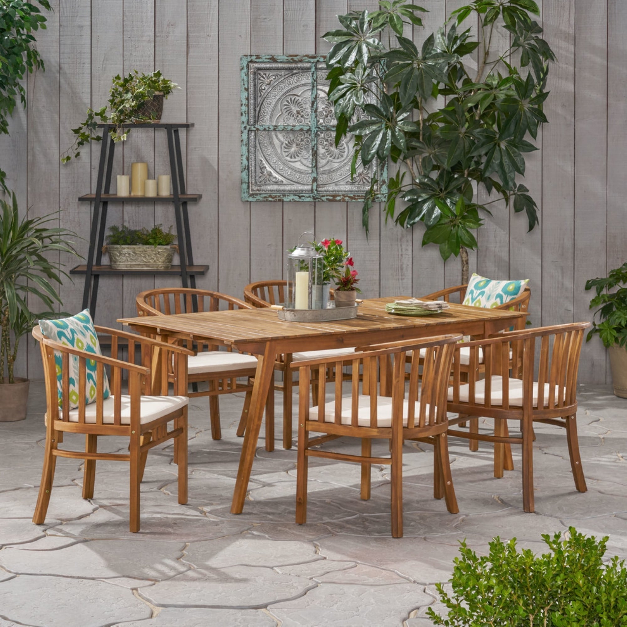 Outdoor 6 Seater Acacia Wood Dining Set with Cushions in Teak Finish and Cream Color