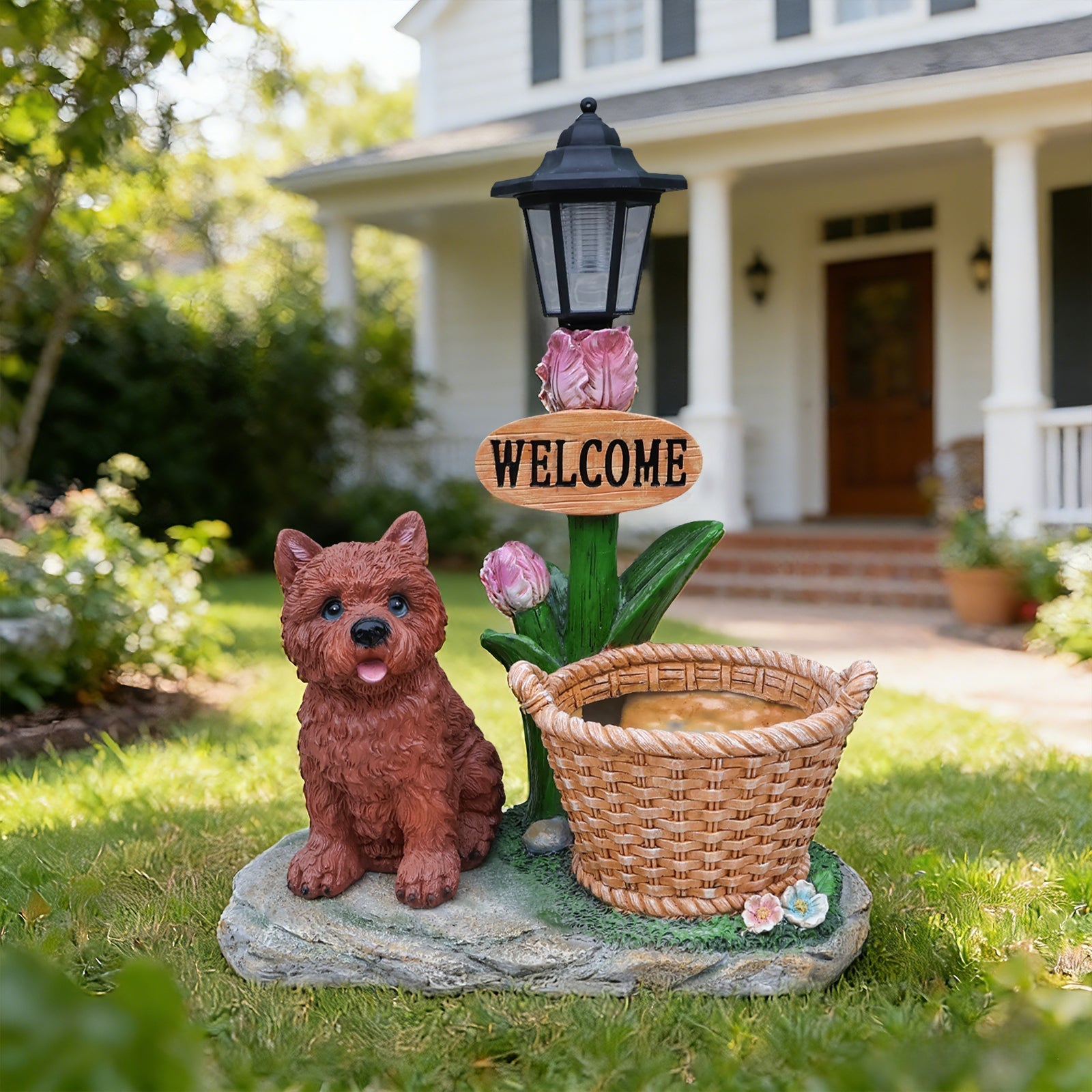 Sitting Puppy Solar Planter Outdoor Statue