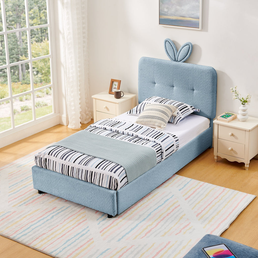 Twin Size Kids Upholstered Bed with Oversized Rabbit Ear Headboard