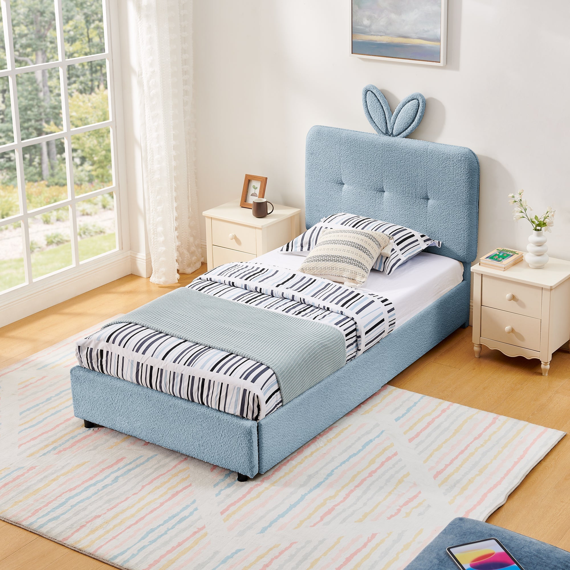 Twin Size Kids Upholstered Bed with Oversized Rabbit Ear Headboard