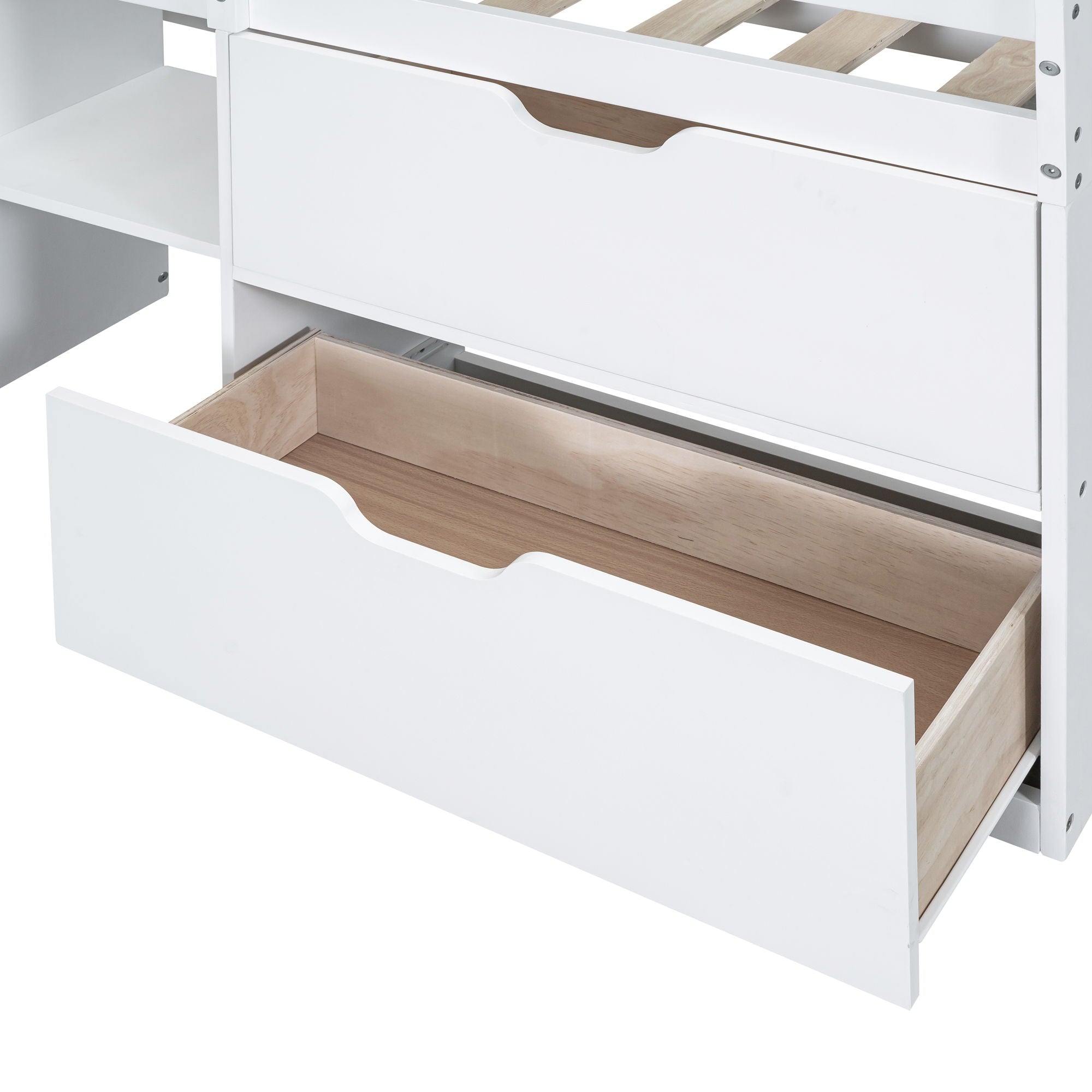 Low Loft Bed With Rolling Desk, Shelf And Drawers