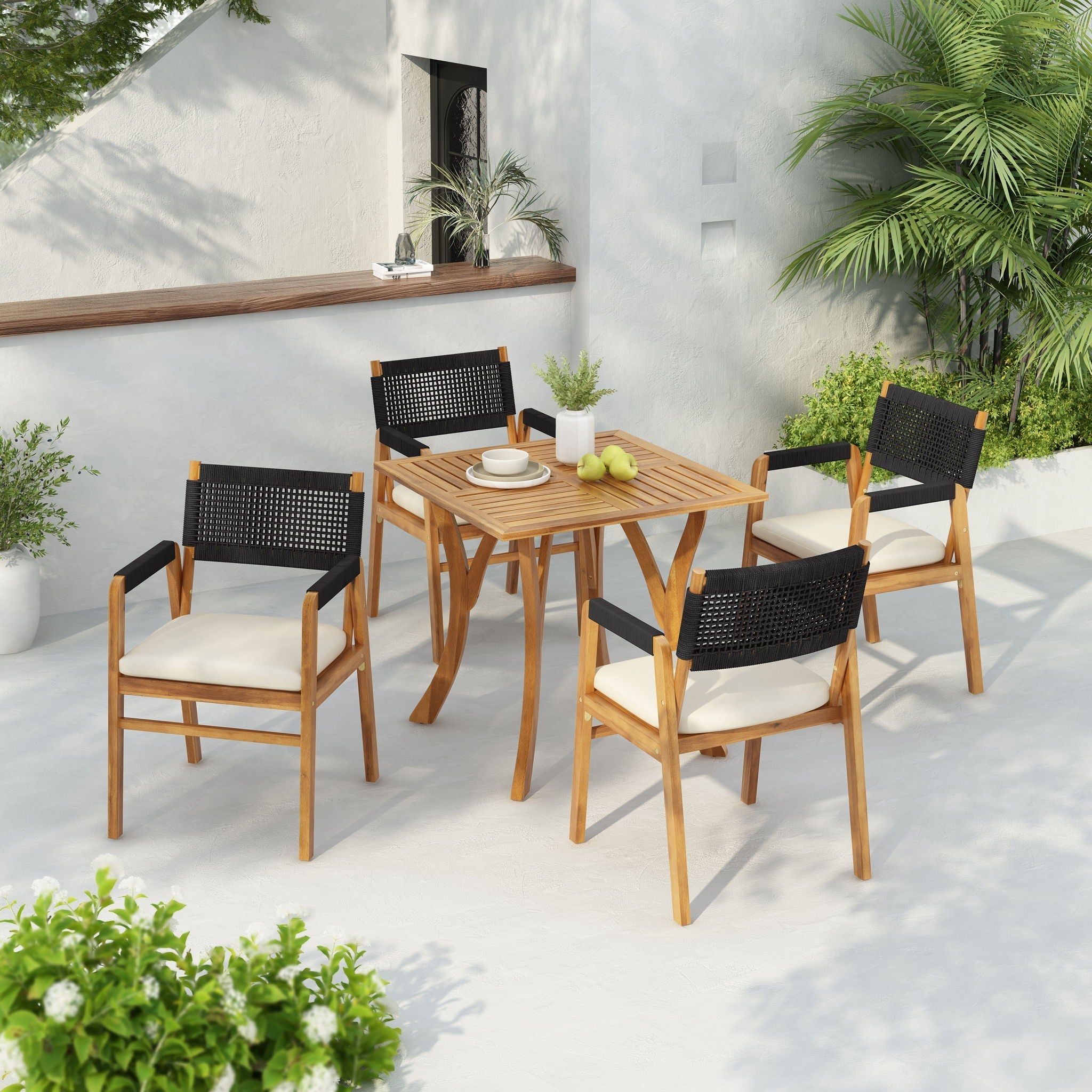 Outdoor Rustic Patio Acacia Bistro Set With Cushions