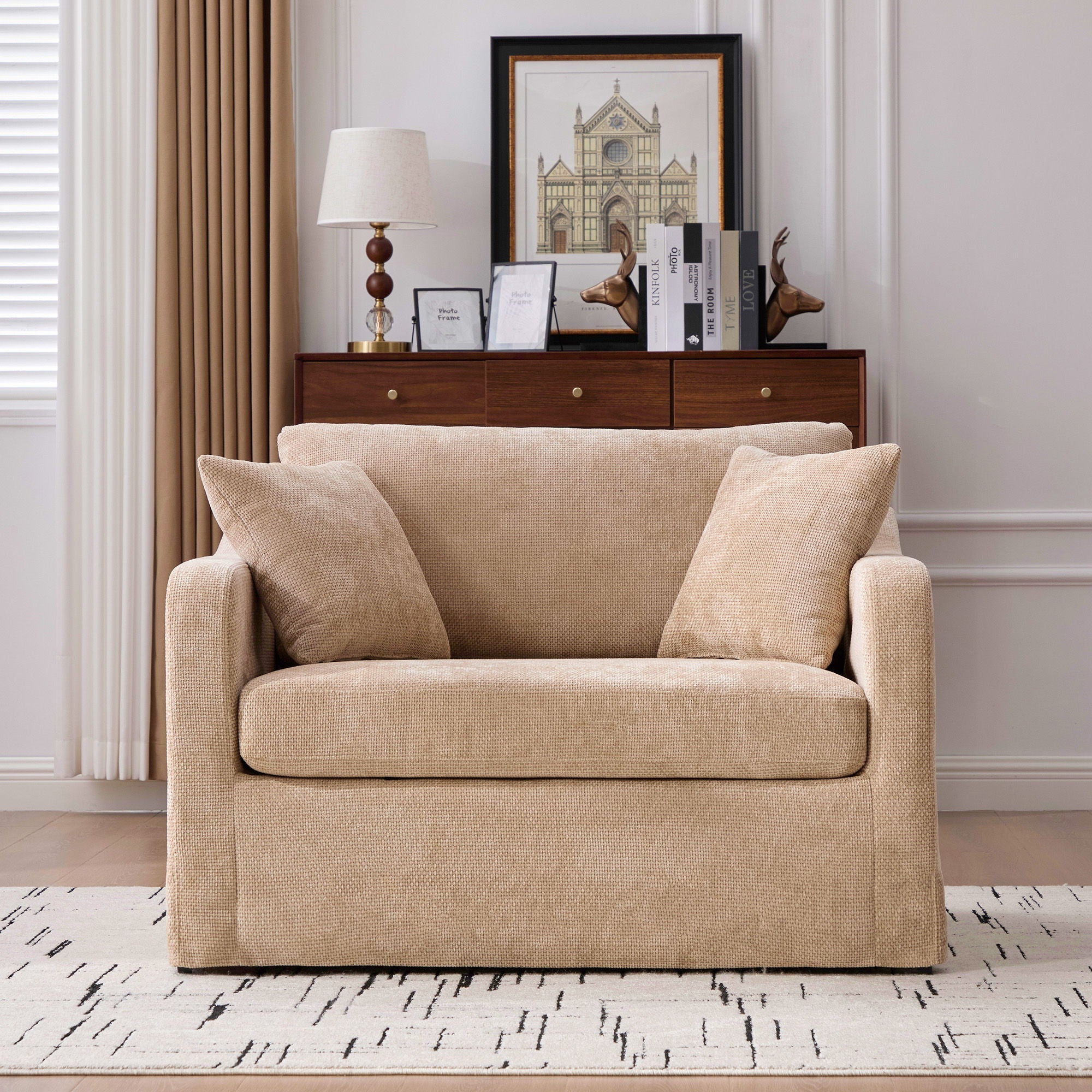 Farmhouse Accent Chair With 2 Bolster Pillows
