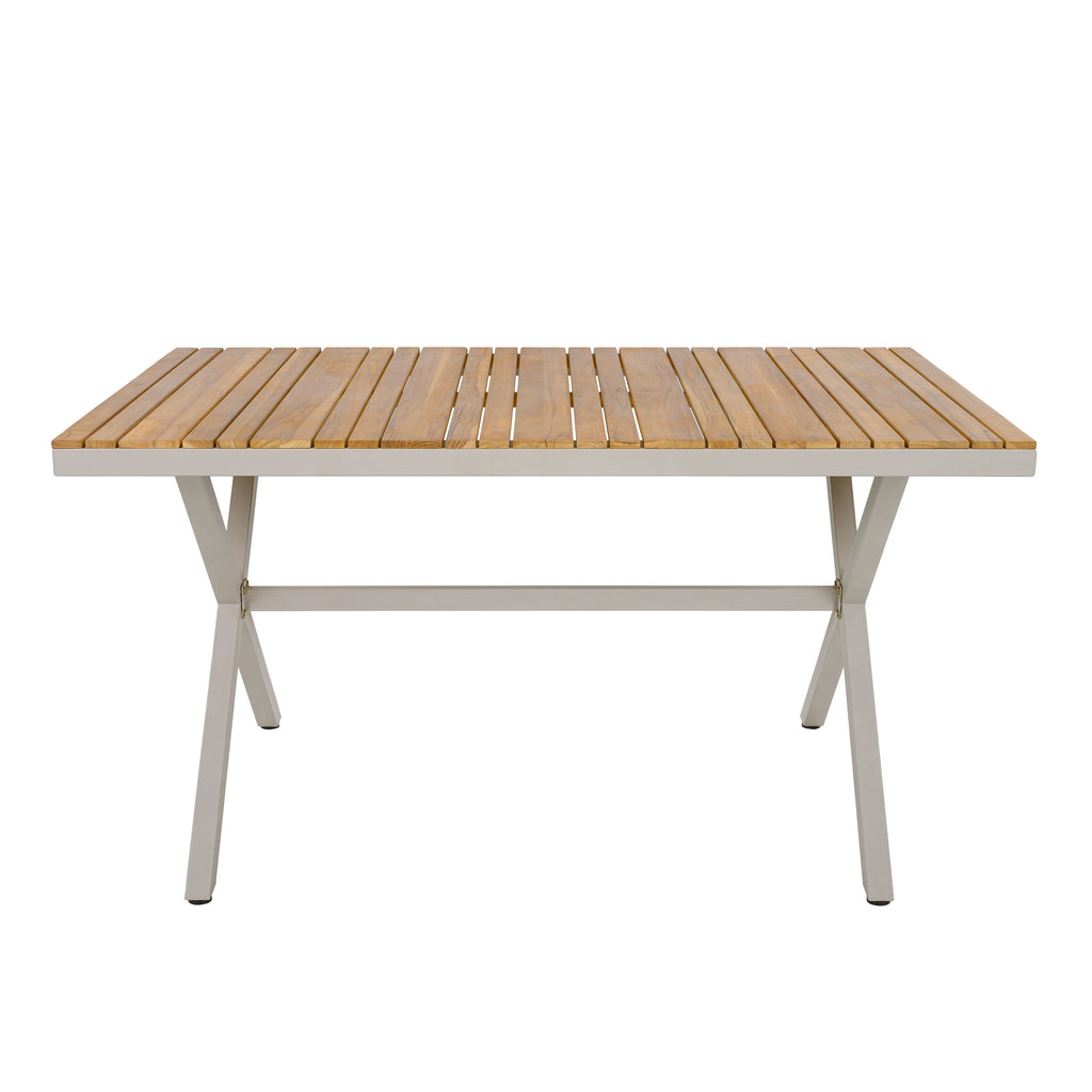 Outdoor 7-Piece Dining Set - Rectangular Teak Wood Table + 6 Wicker Chairs with Cushions