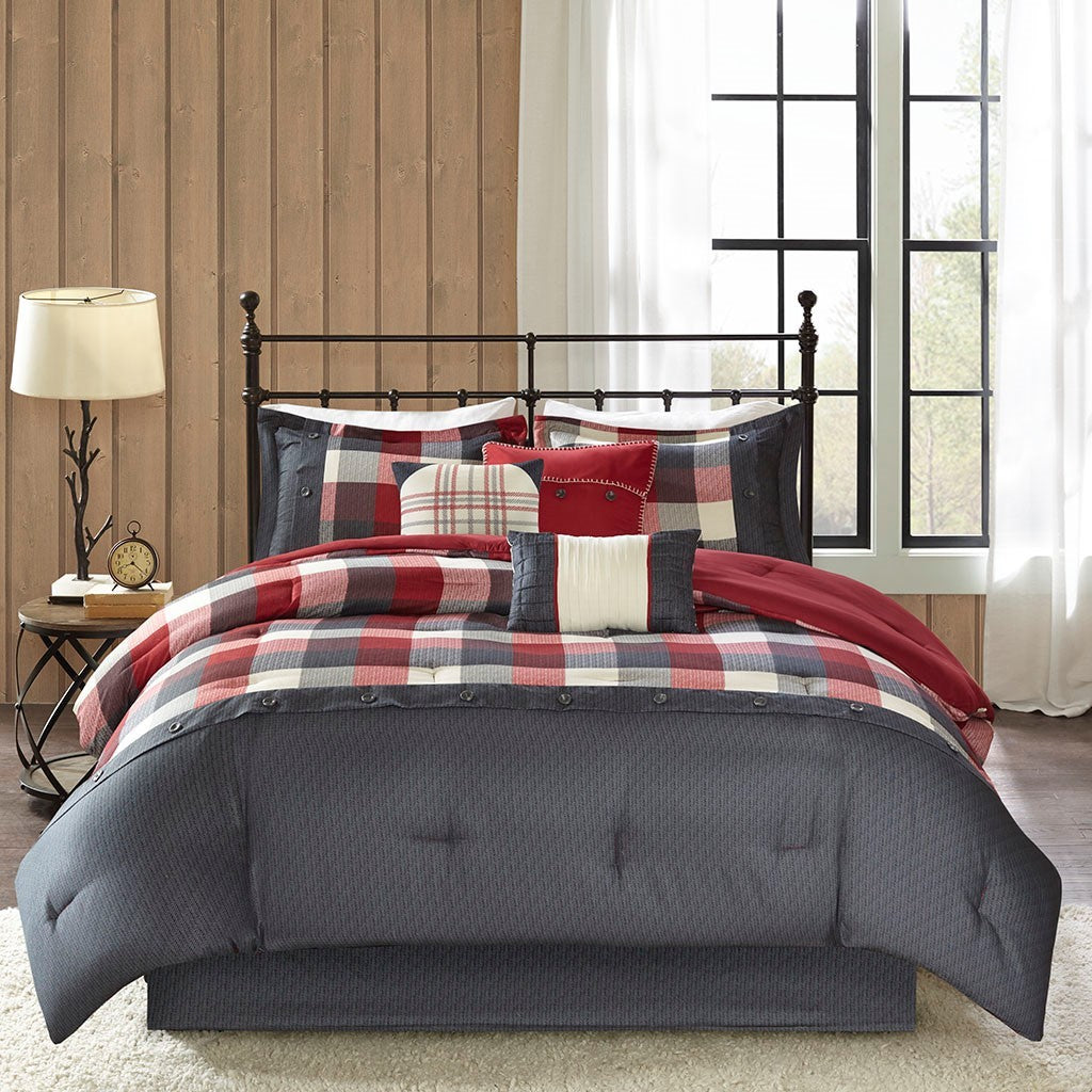 7 Piece Herringbone Comforter Set Red King
