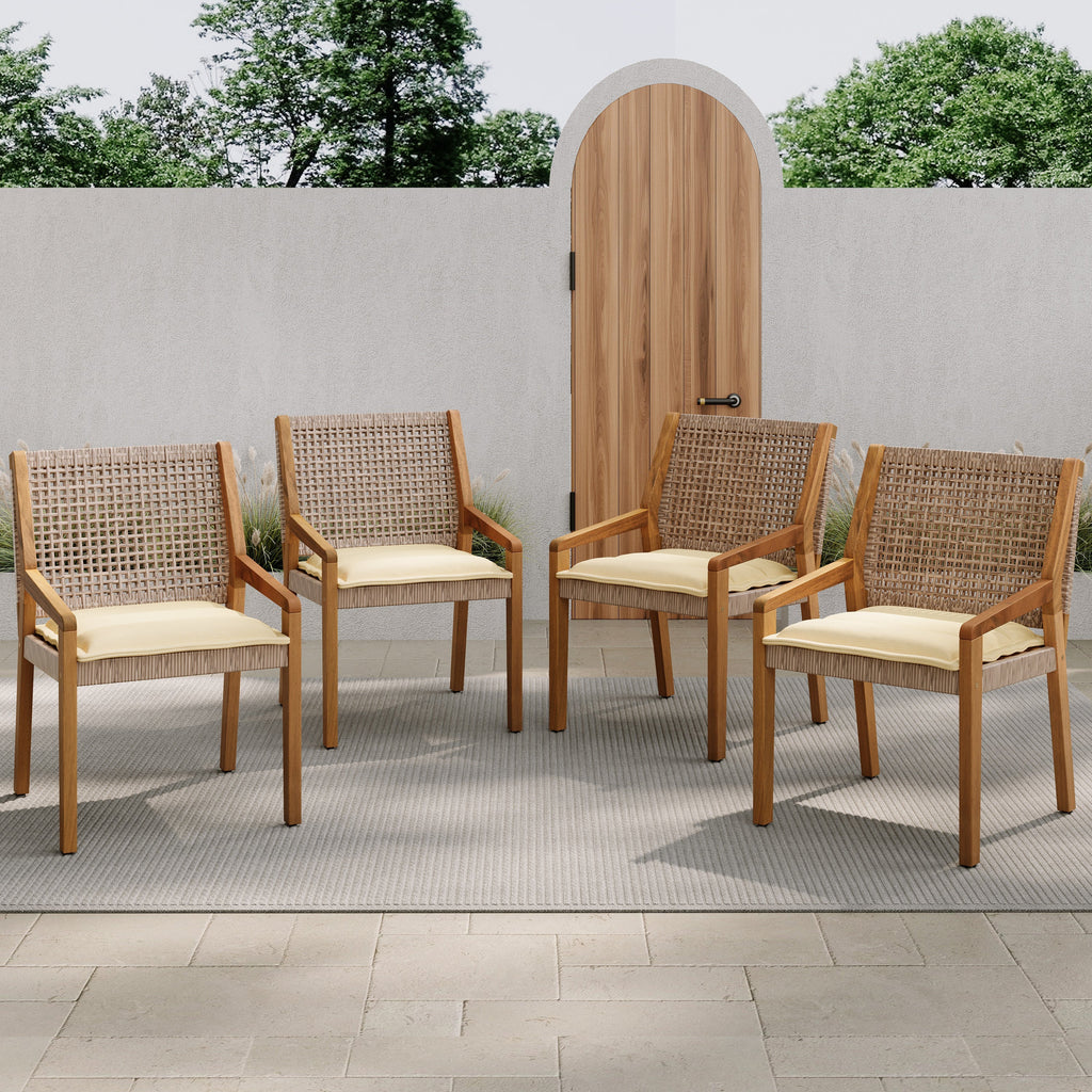 Outdoor Dining Chair Set of 4 - Acacia Wood and Wicker with Cream Cushion