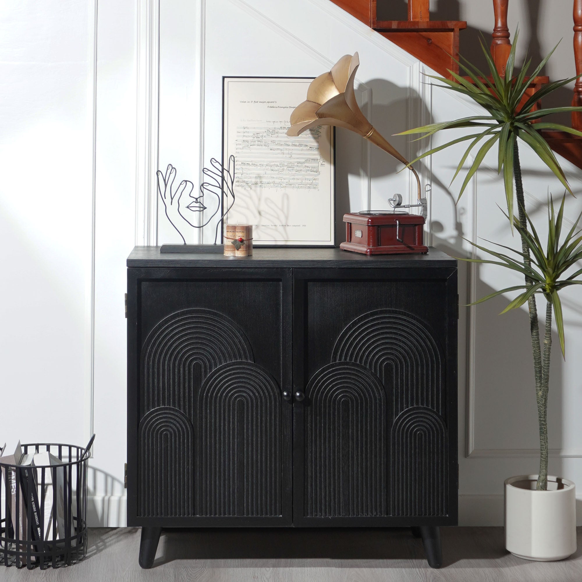 Modern Black Wood Storage Cabinet with Embossed Door