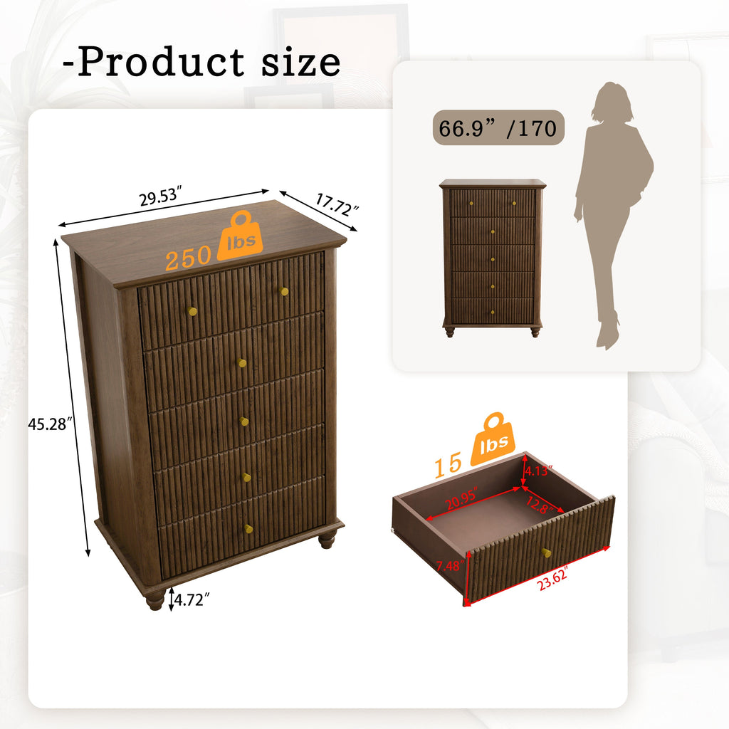 Fluted 5 Drawer Dresser, 45 Inch Tall Modern Chest of Drawers