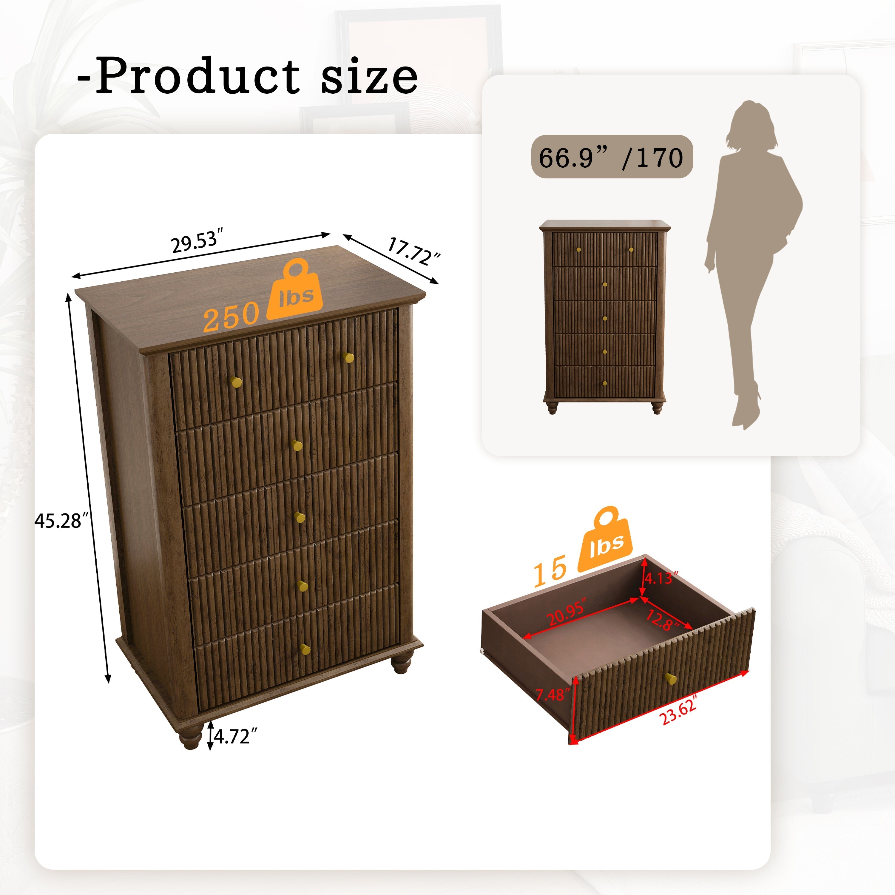 Fluted 5 Drawer Dresser, 45 Inch Tall Modern Chest of Drawers