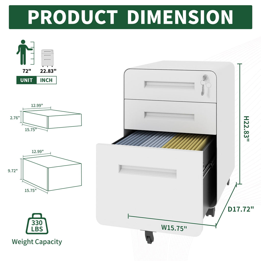 3-Drawer Mobile File Cabinet with Lock and Casters
