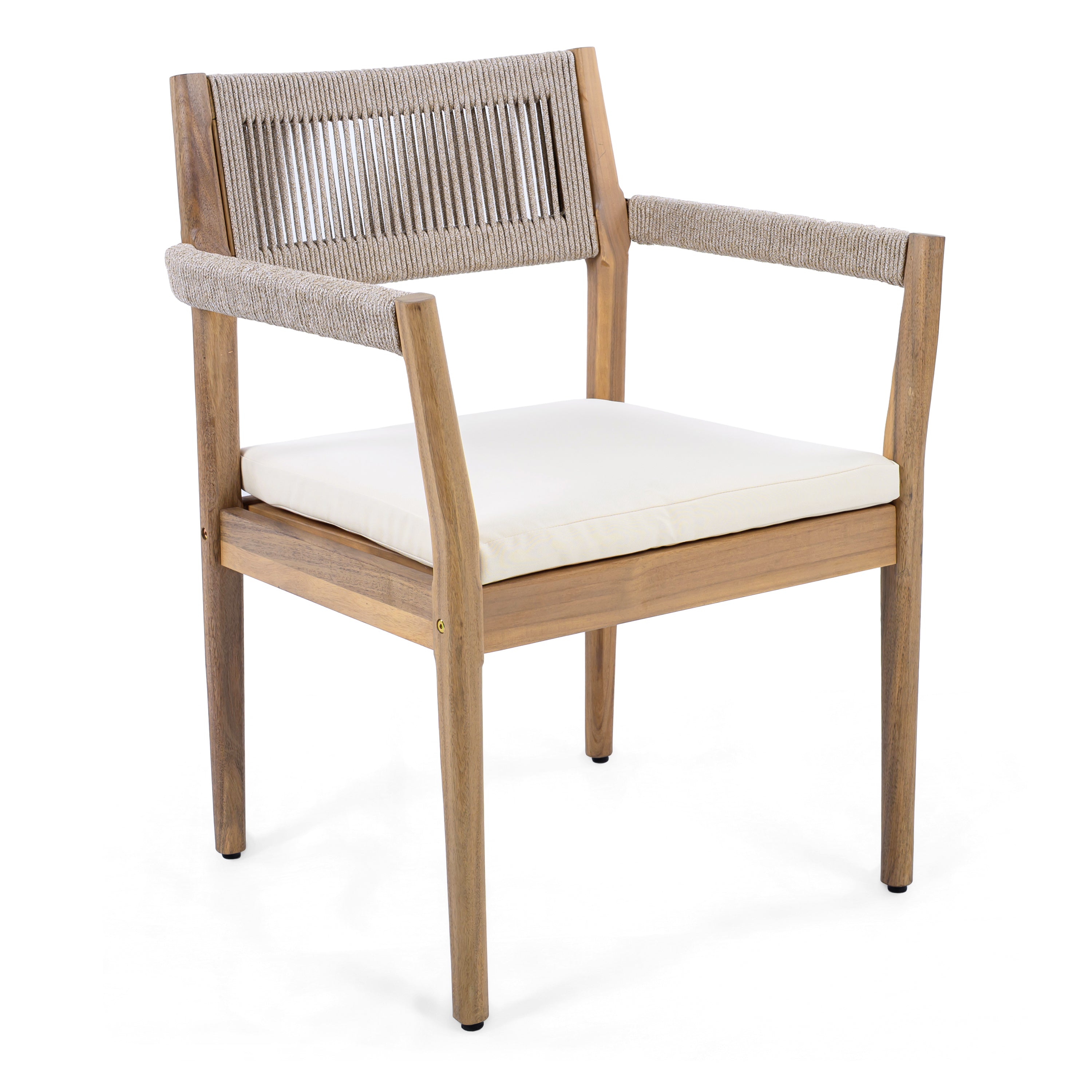 Braided Acacia Wood Outdoor Dining Chairs Set of 4 – Teak Look with Beige Rope & Cream Cushions