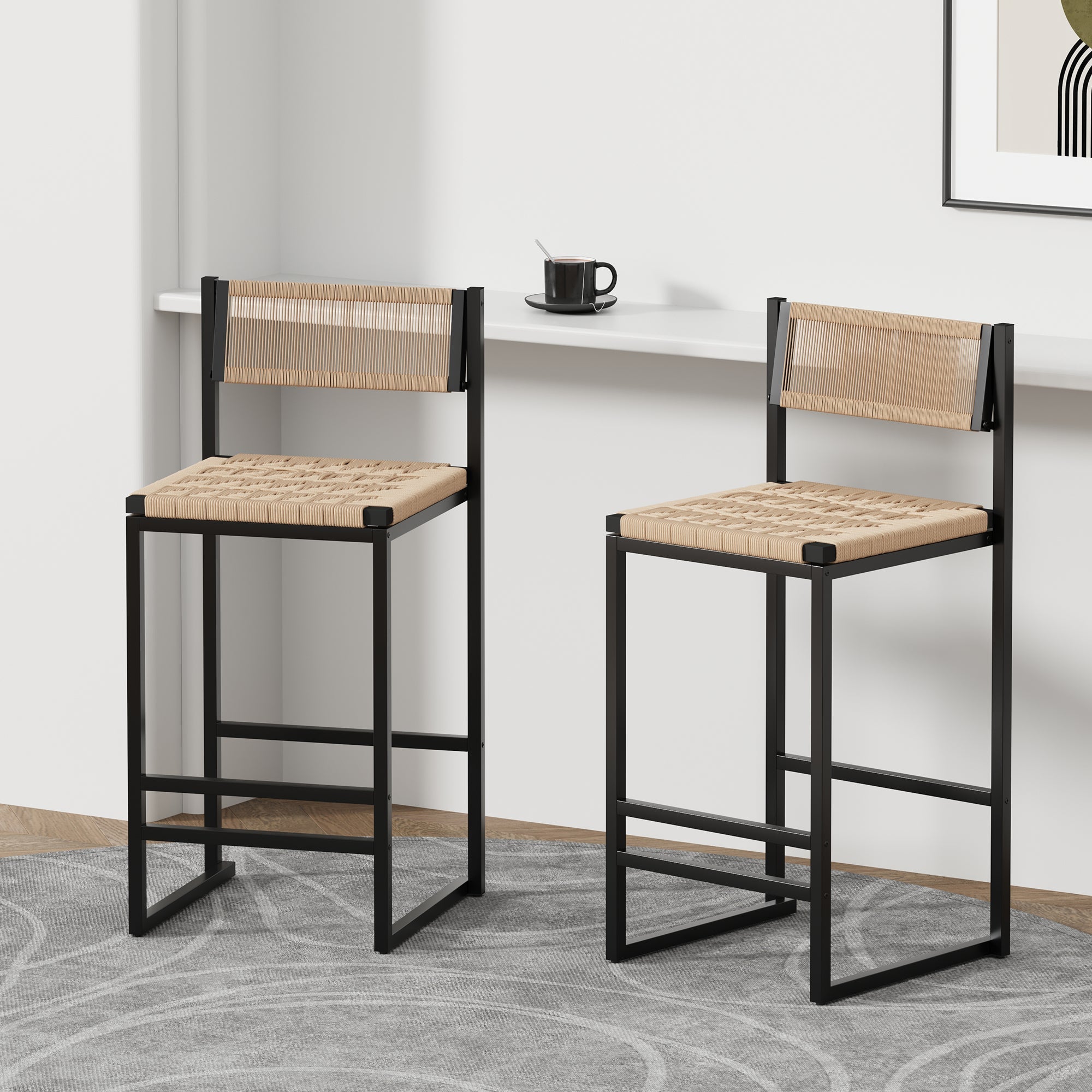 Kitchen Bar Stools with Footrest Set of 2 Paper Rope Weave Dining Chairs