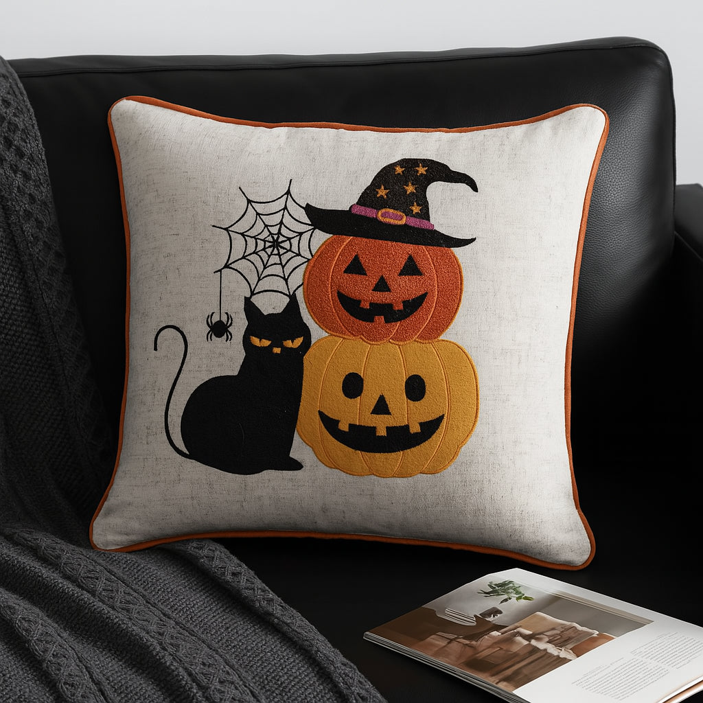 Embroidered Halloween Cat & Pumpkin Throw Pillow