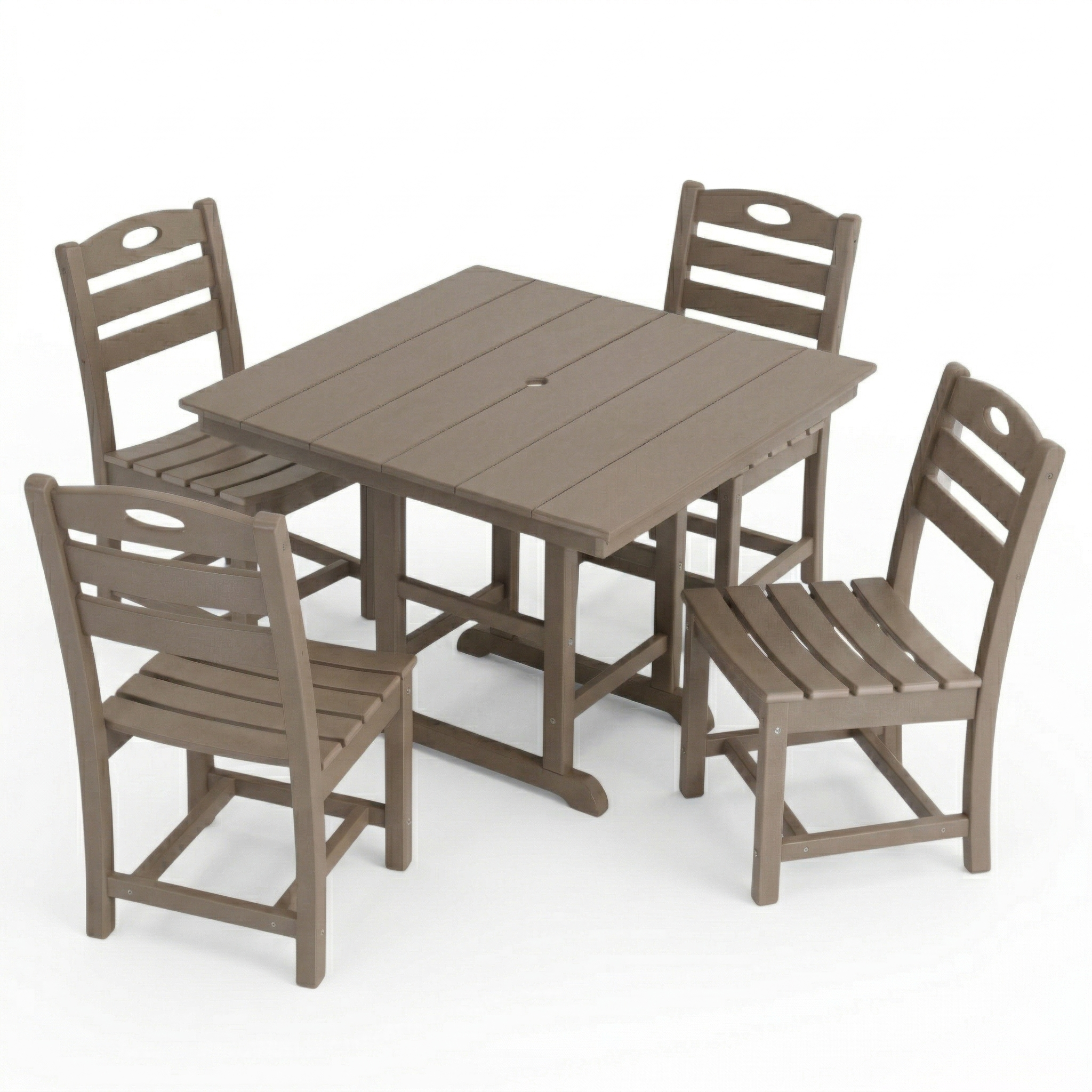 Antique Wood Color HDPE 5-Piece Outdoor Patio Dining Set with Square Table and 4 Armless Chairs, Umbrella Hole