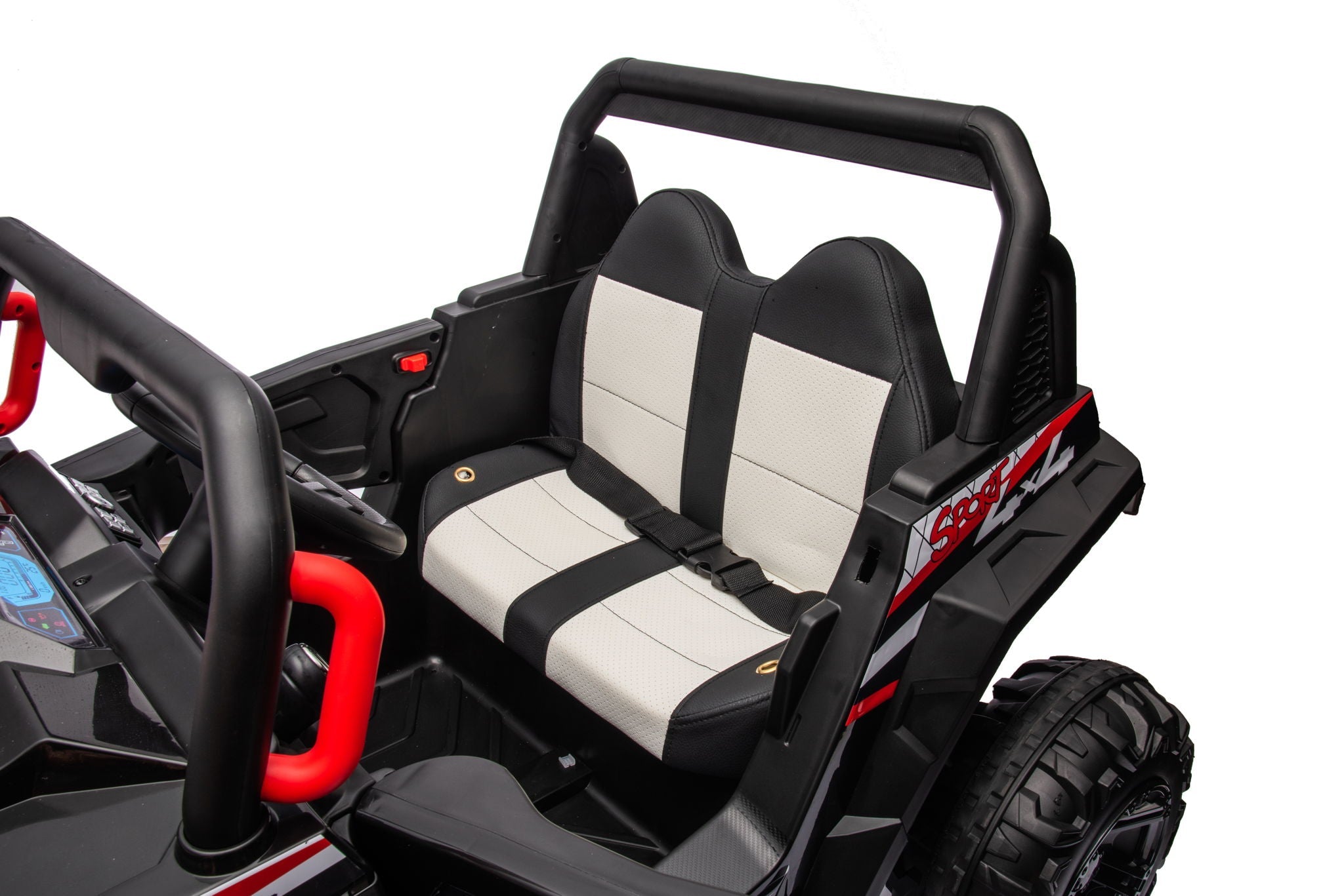 12V7A*2 30W*4 Four-Wheel Drive Seat One Button Start, Forward And Backward, High And Low Speed, Music, Front Light, Power Display, Two Doors Can Open, 2.4G R / C, Seat Belt Four Wheel Absorber