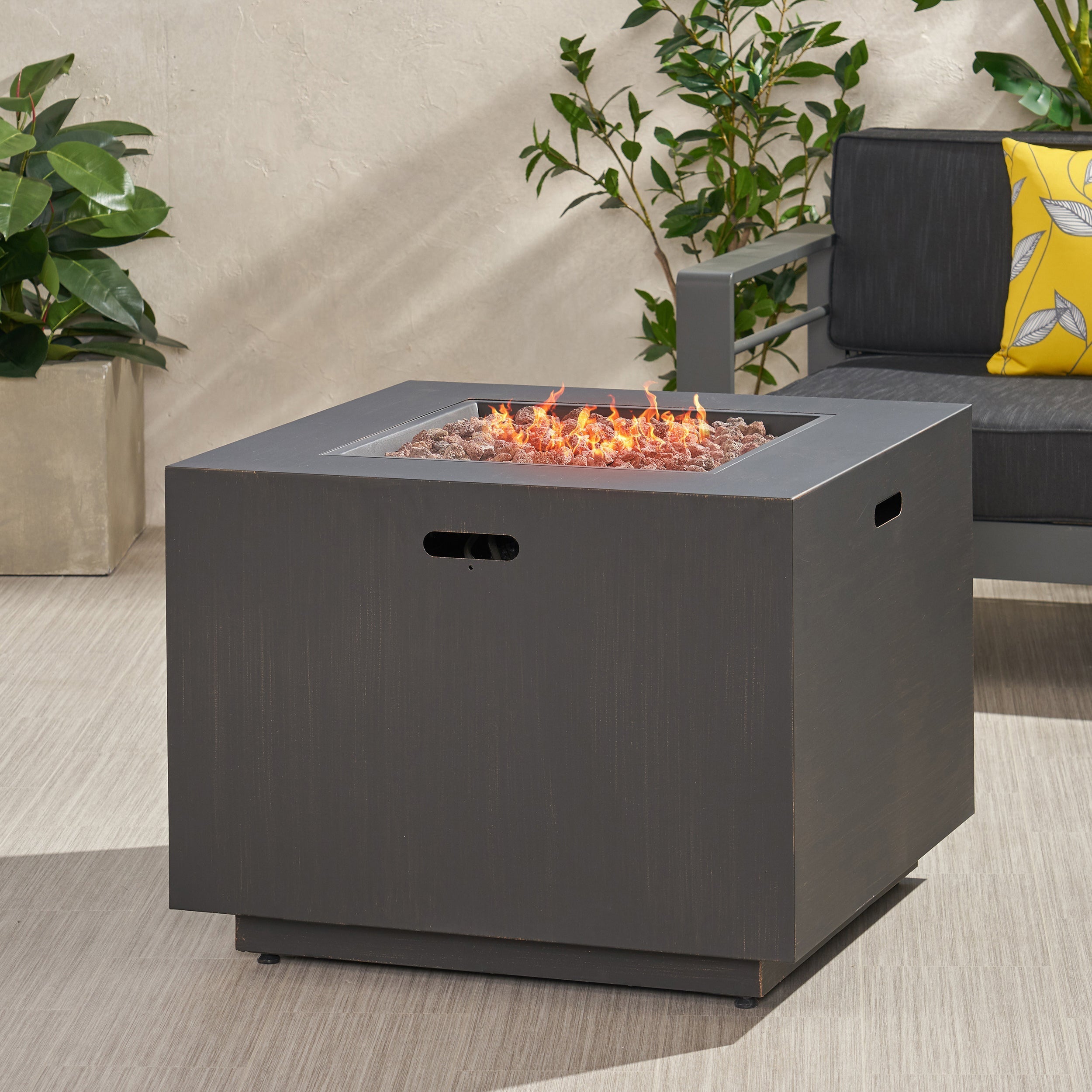 33" Outdoor Iron Square Propane Fire Pit - Brushed Brown