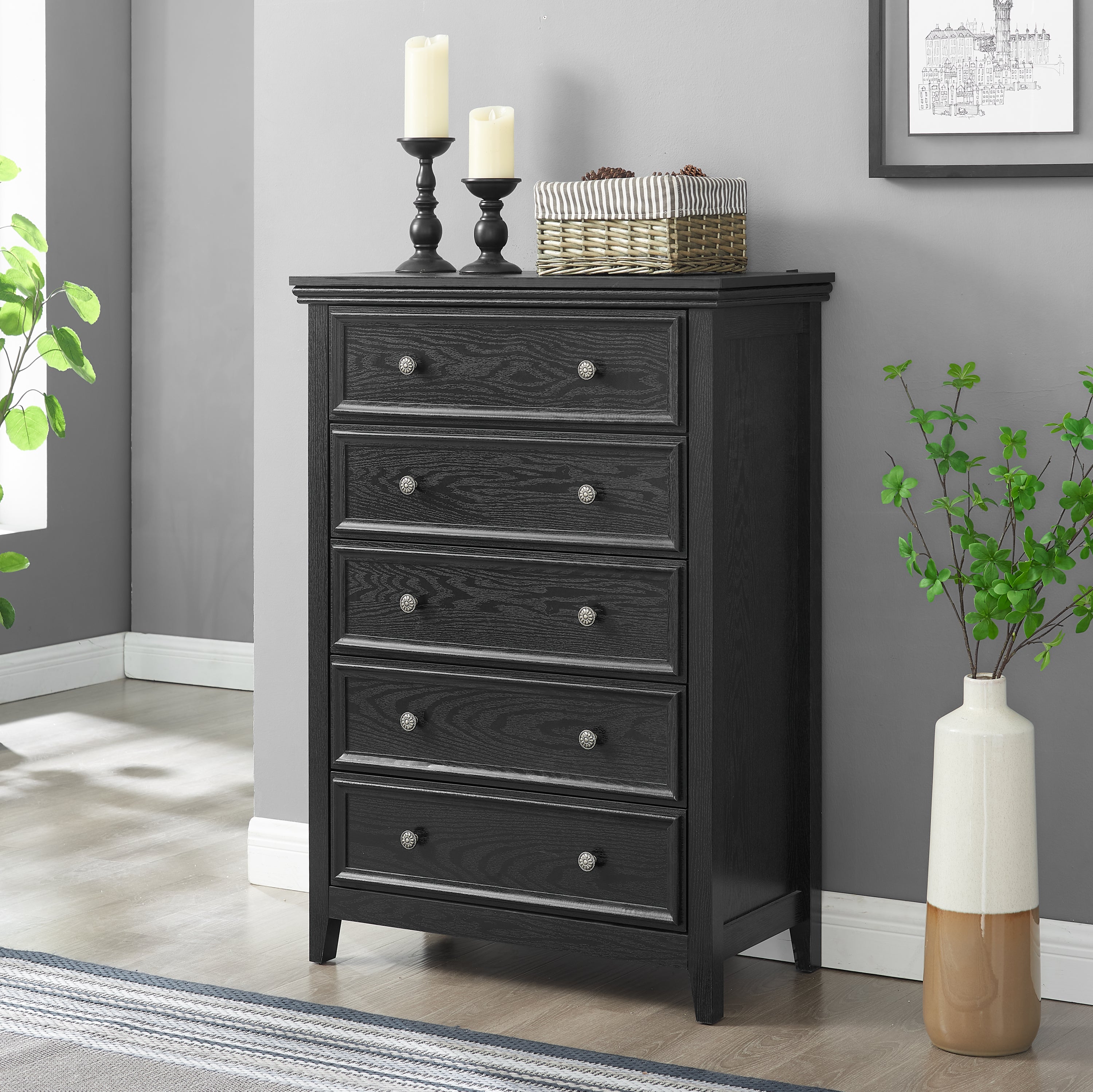 Modern 5-Drawer Black Dresser for Living Room Storage