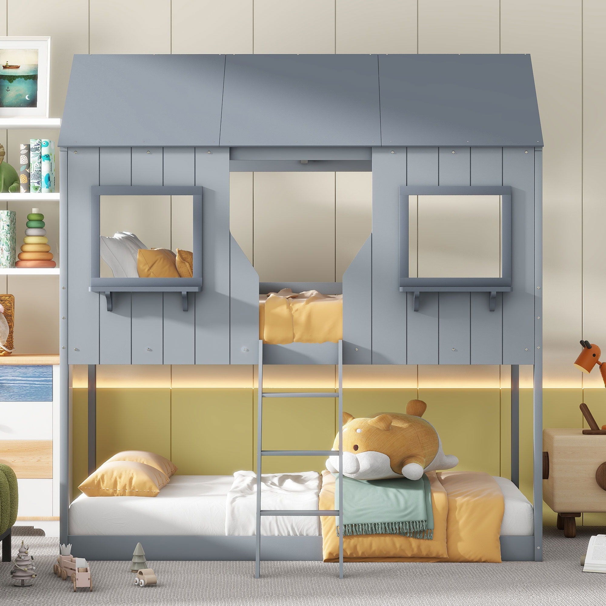 Twin Over Twin Bunk Bed With Roof, Window, Guardrail, Ladder