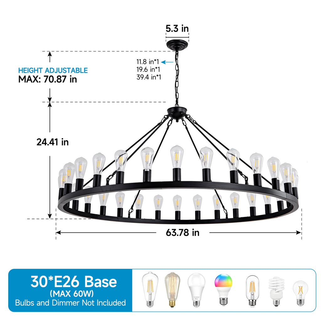 64 Inch Matte Black Wagon Wheel Chandelier With 30 Lights