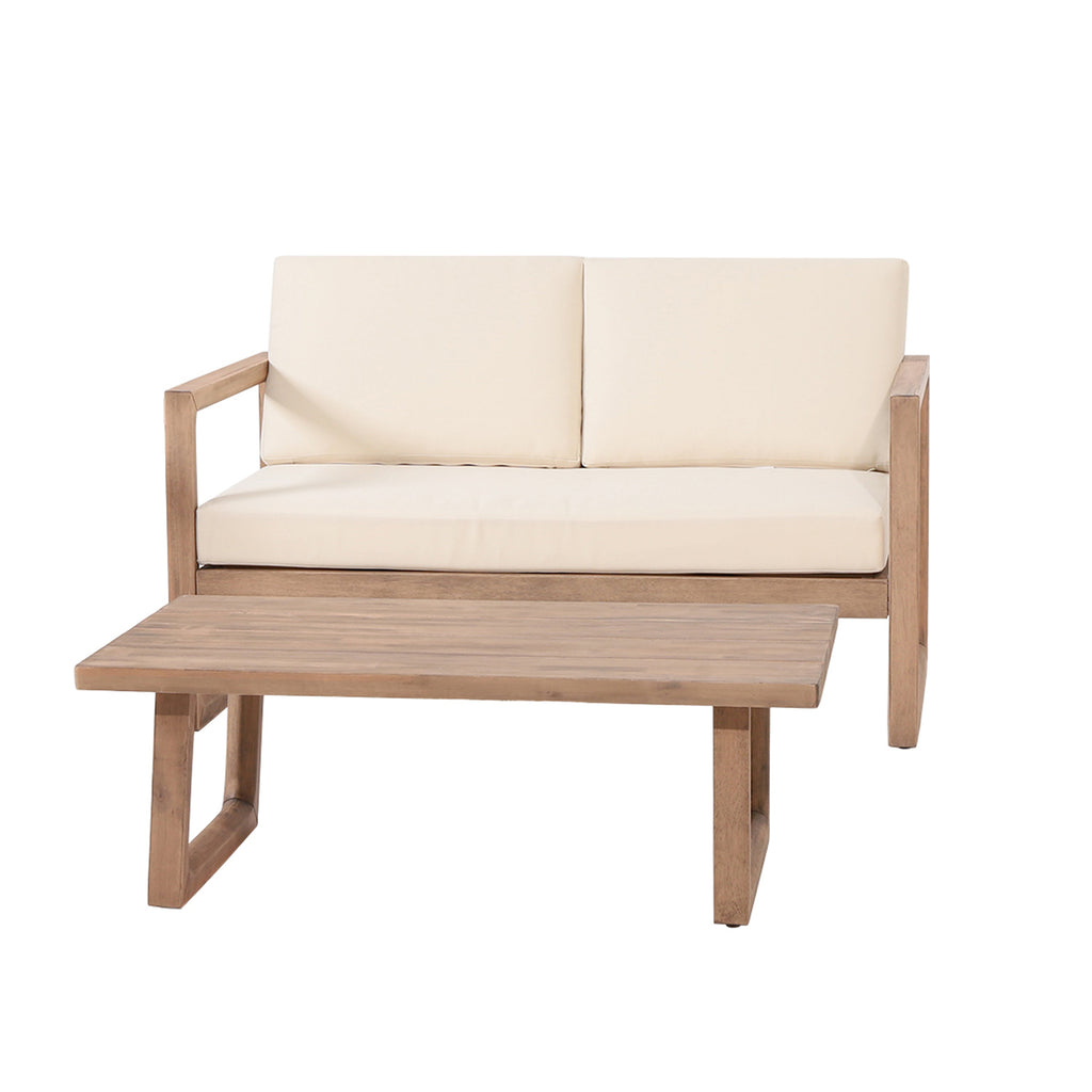 Outdoor Acacia Wood Loveseat and Coffee Table Set with Cushions