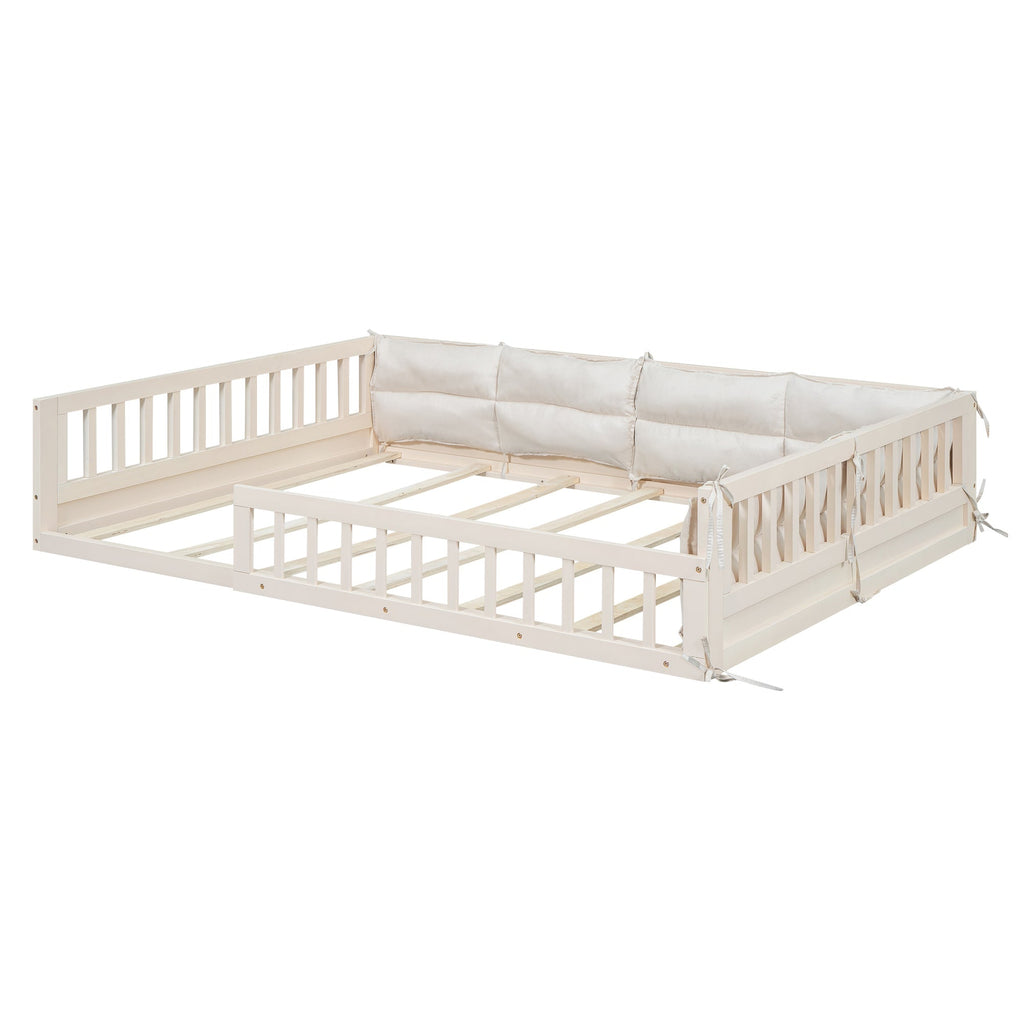 Wood Full Size Upholstered Platform Bed with Guardrail and Pillow