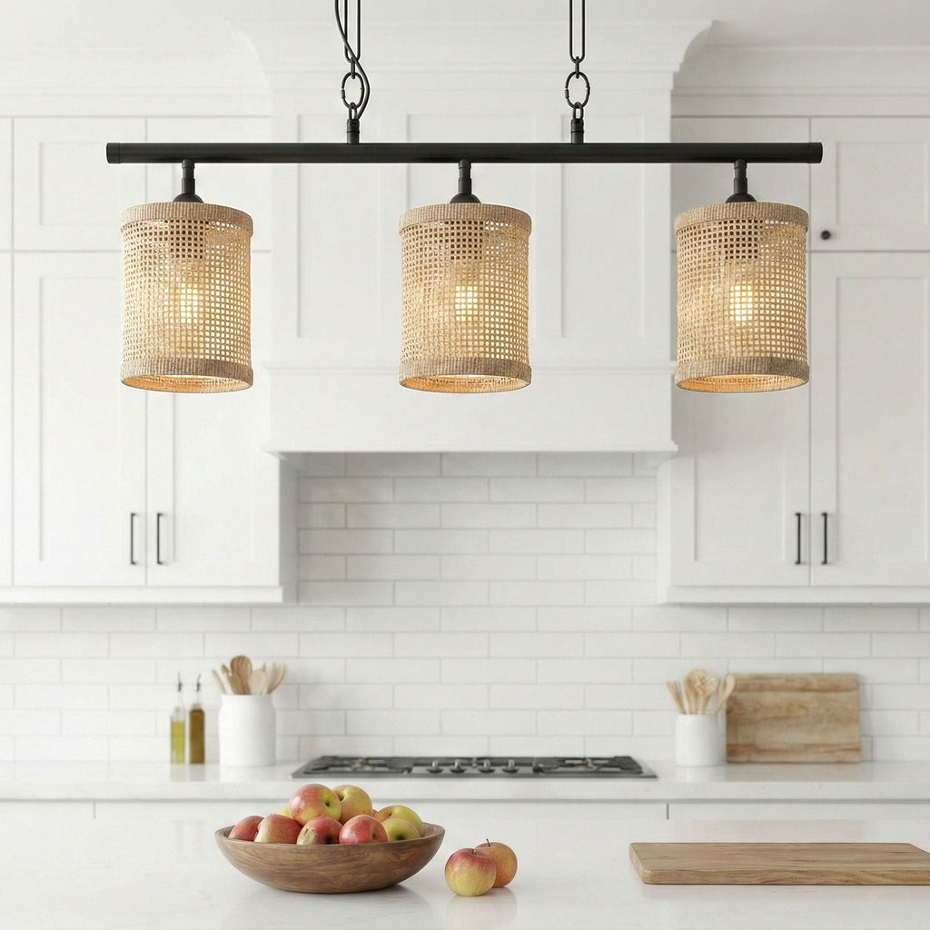 Elysian - 3 Lights Island With Natural Shade Farmhouse Chain Ceiling Lamp - Black / Rattan
