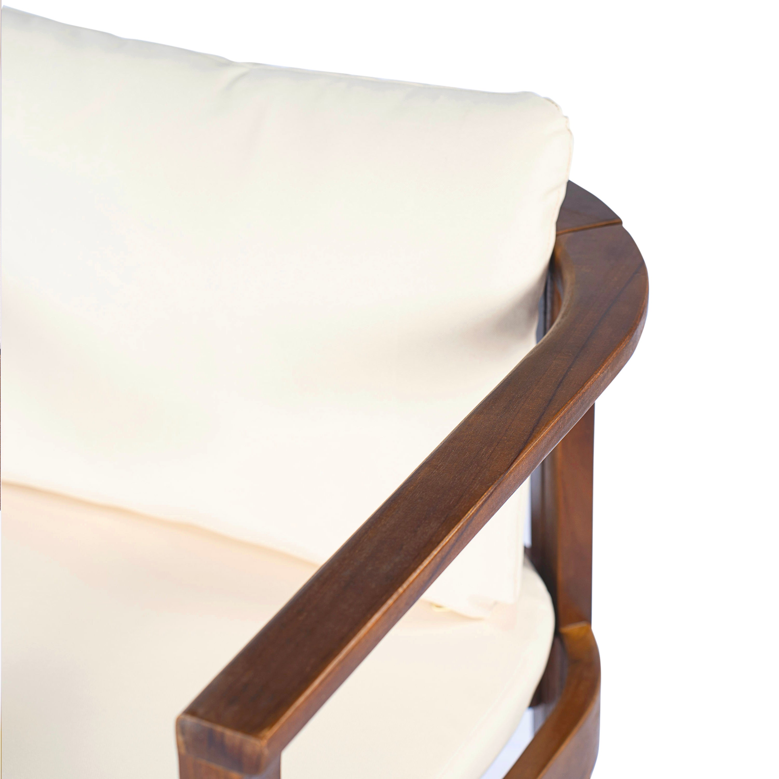Outdoor Dining Chair Set of 2 with Curved Acacia Wood Arms, Brown Finish and Cream Cushions