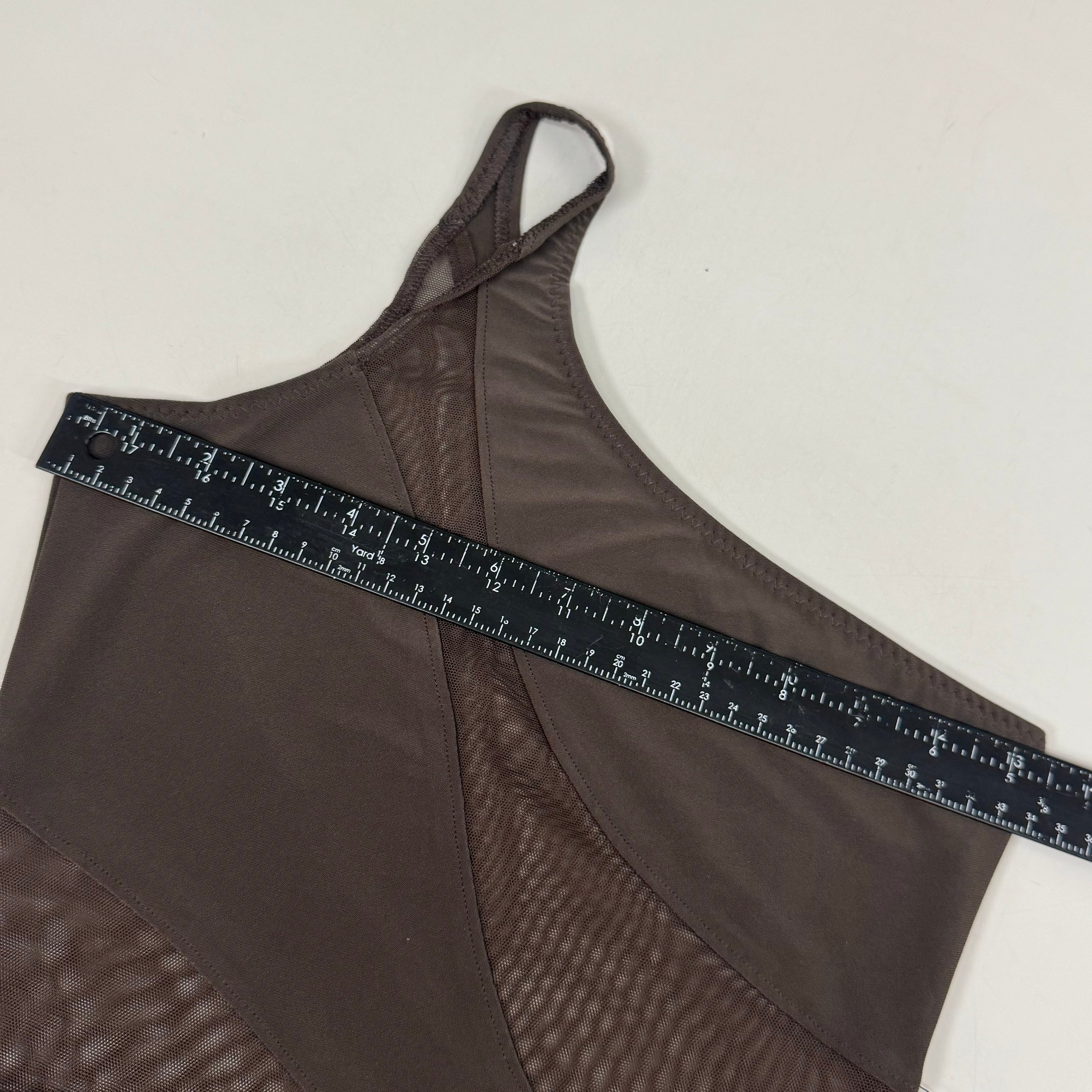 NORMA KAMALI One Shoulder Snake Mesh Catsuit Footsie Women's Sz S/36 Chocolate