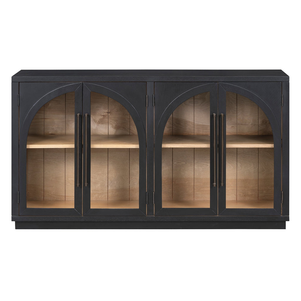 4-Door Large Storage Sideboard Buffet Cabinet with Glass Doors Arched Cabinet (Black)