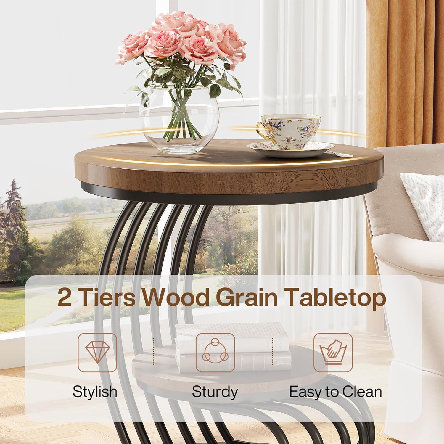 Round Vintage End Table With 2 Tier Storage