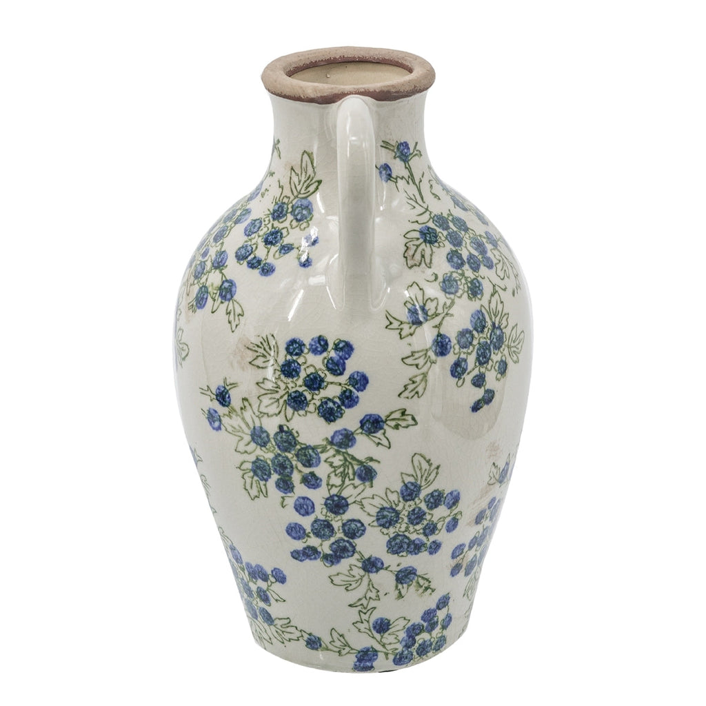 7.5x7.3x12" White Ceramic Vase with Blueberry Motif