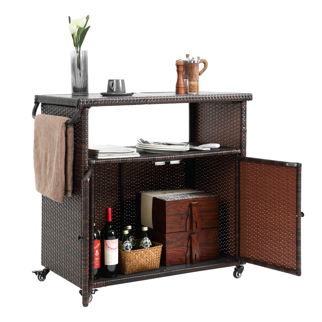 Outdoor Wicker Bar Cart with Glass Top and Wheels - Light Brown