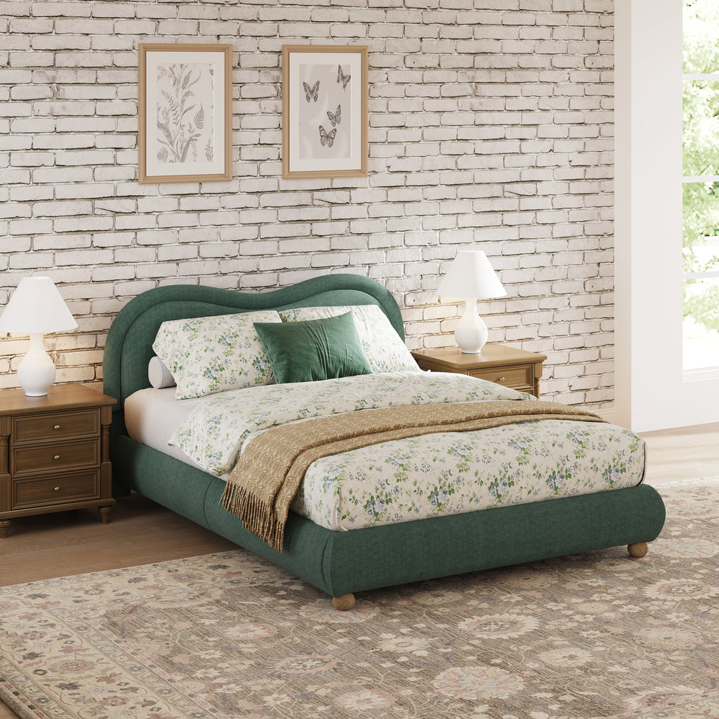 Queen Size Upholstered Platform Bed Frame with Rounded Corners Curved Headboard