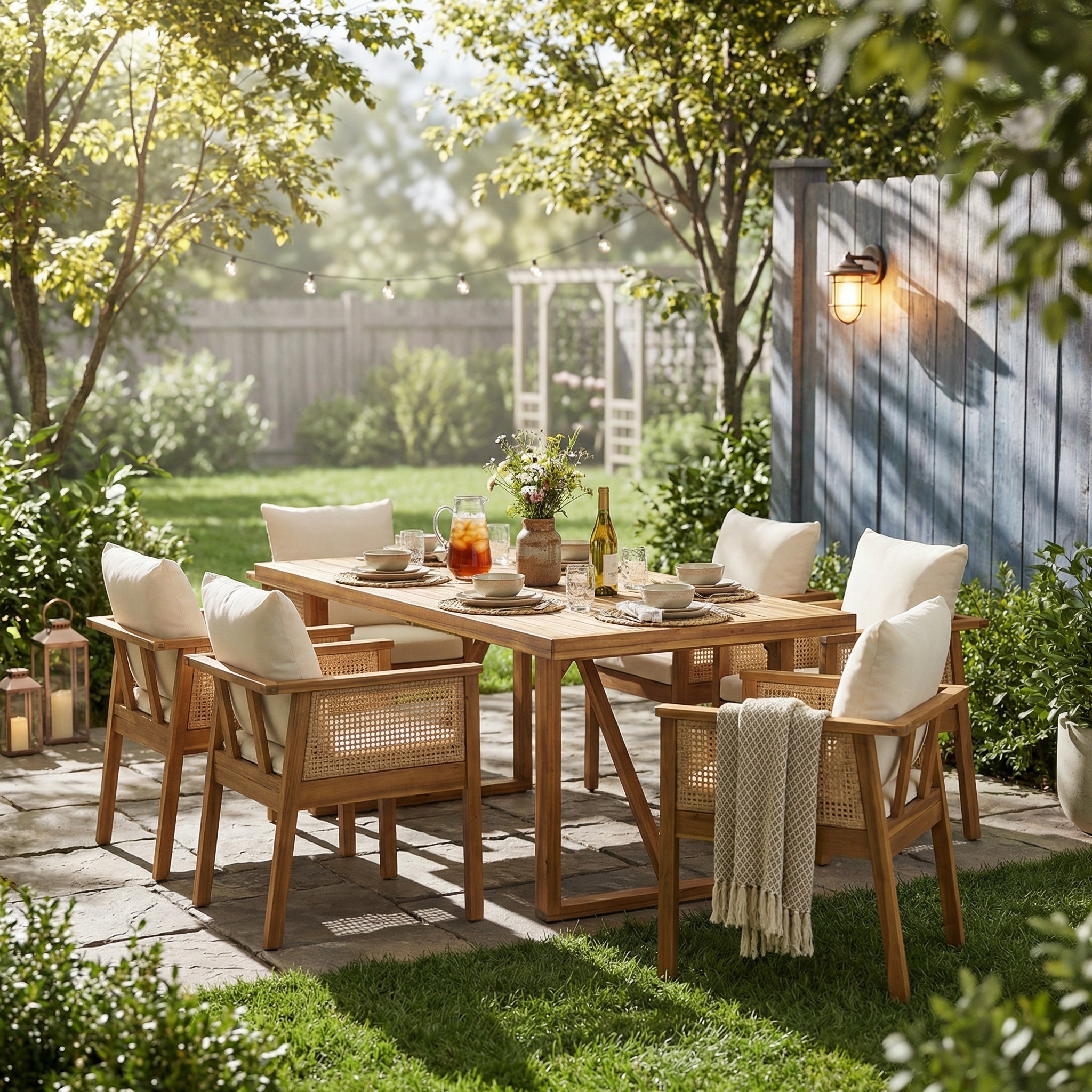 7-Piece Acacia Wood Outdoor Dining Set with Cream Cushions and Natural Wicker