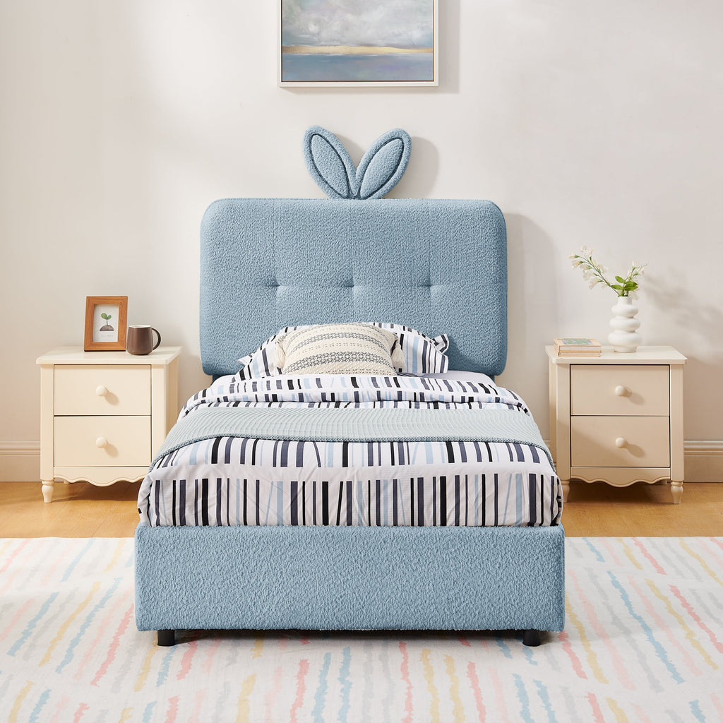 Twin Size Kids Upholstered Bed with Oversized Rabbit Ear Headboard