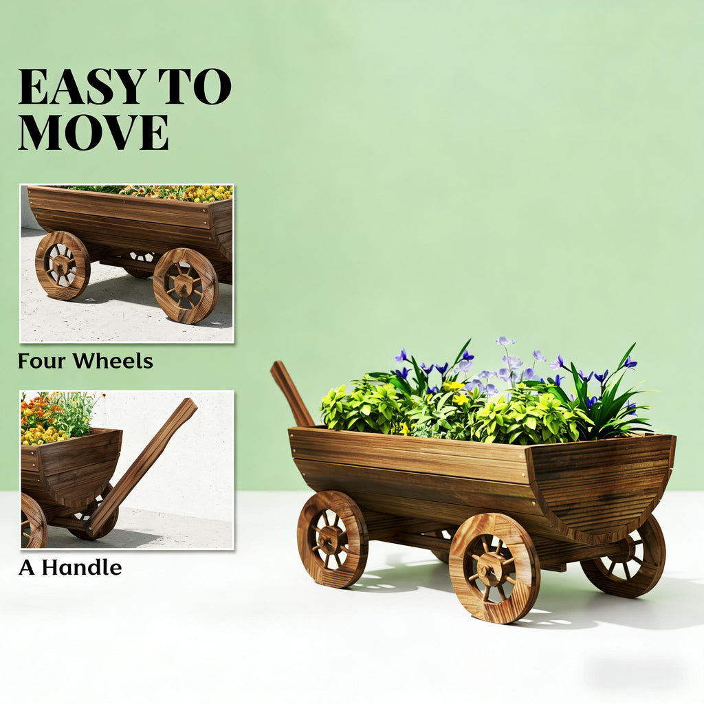 Small Wheelbarrow Wagon Flower Cart Wooden Mobile Garden Planter